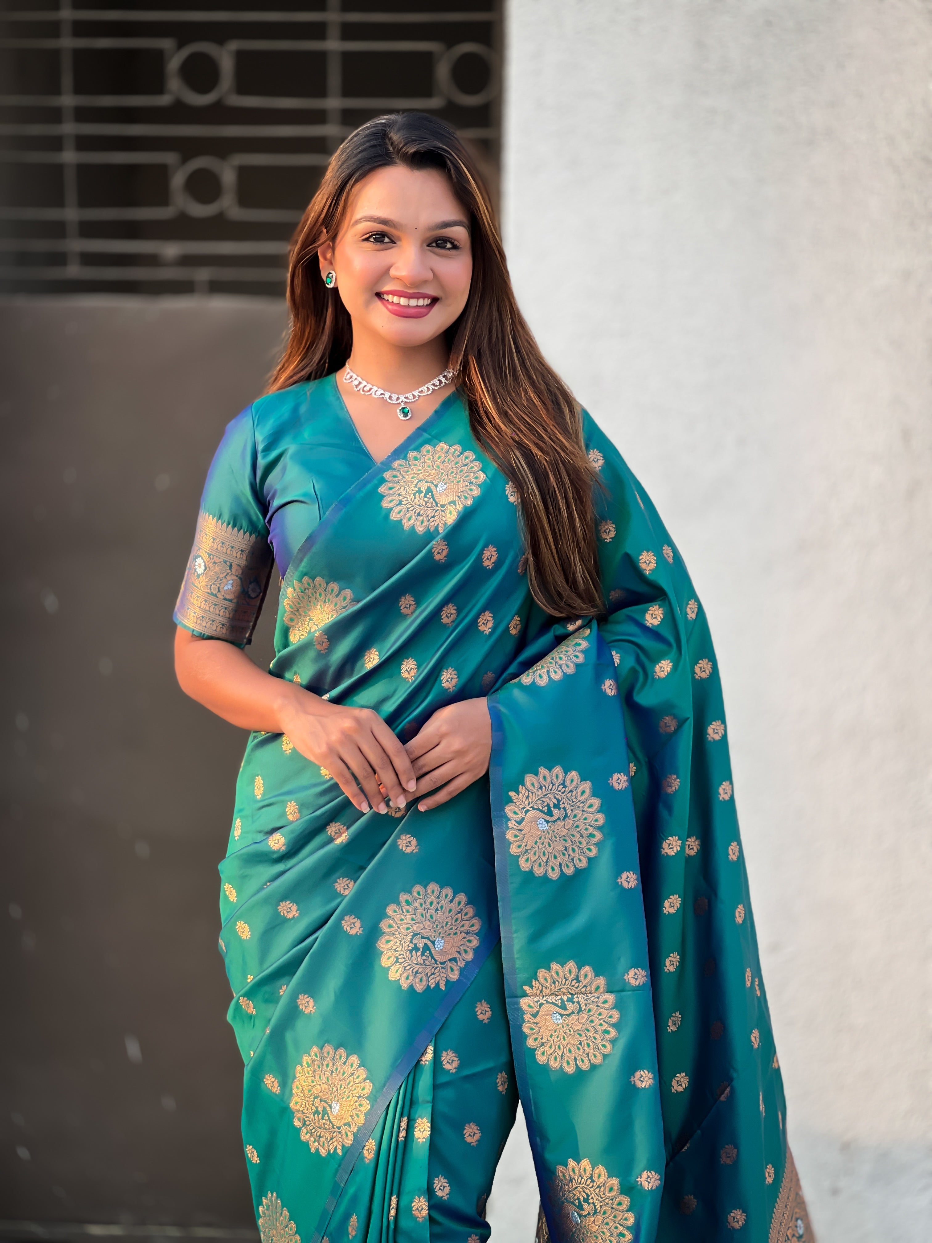 Rama Soft Silk Dual Zari Woven Saree with Peacock Border