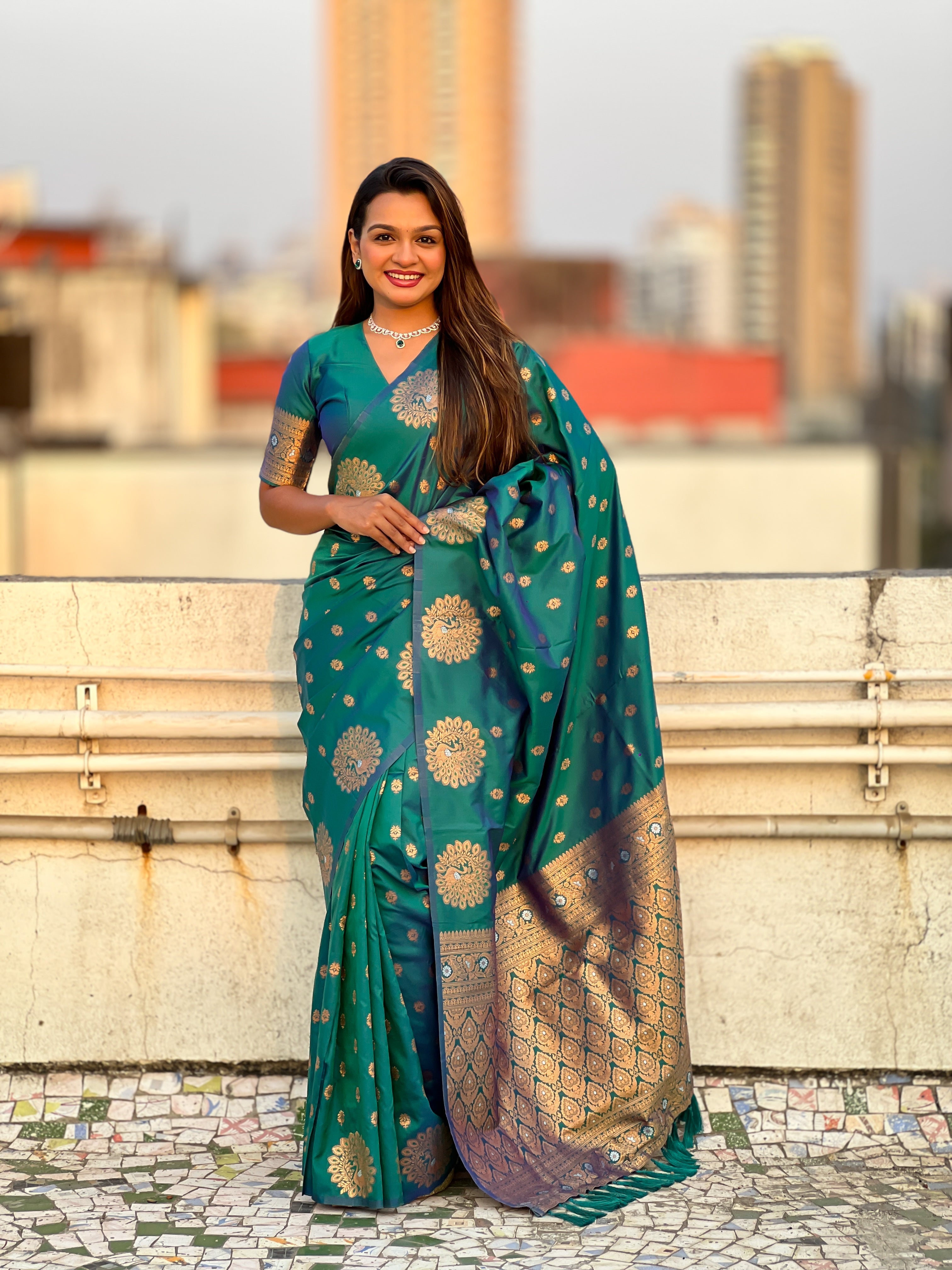 Rama Soft Silk Dual Zari Woven Saree with Peacock Border