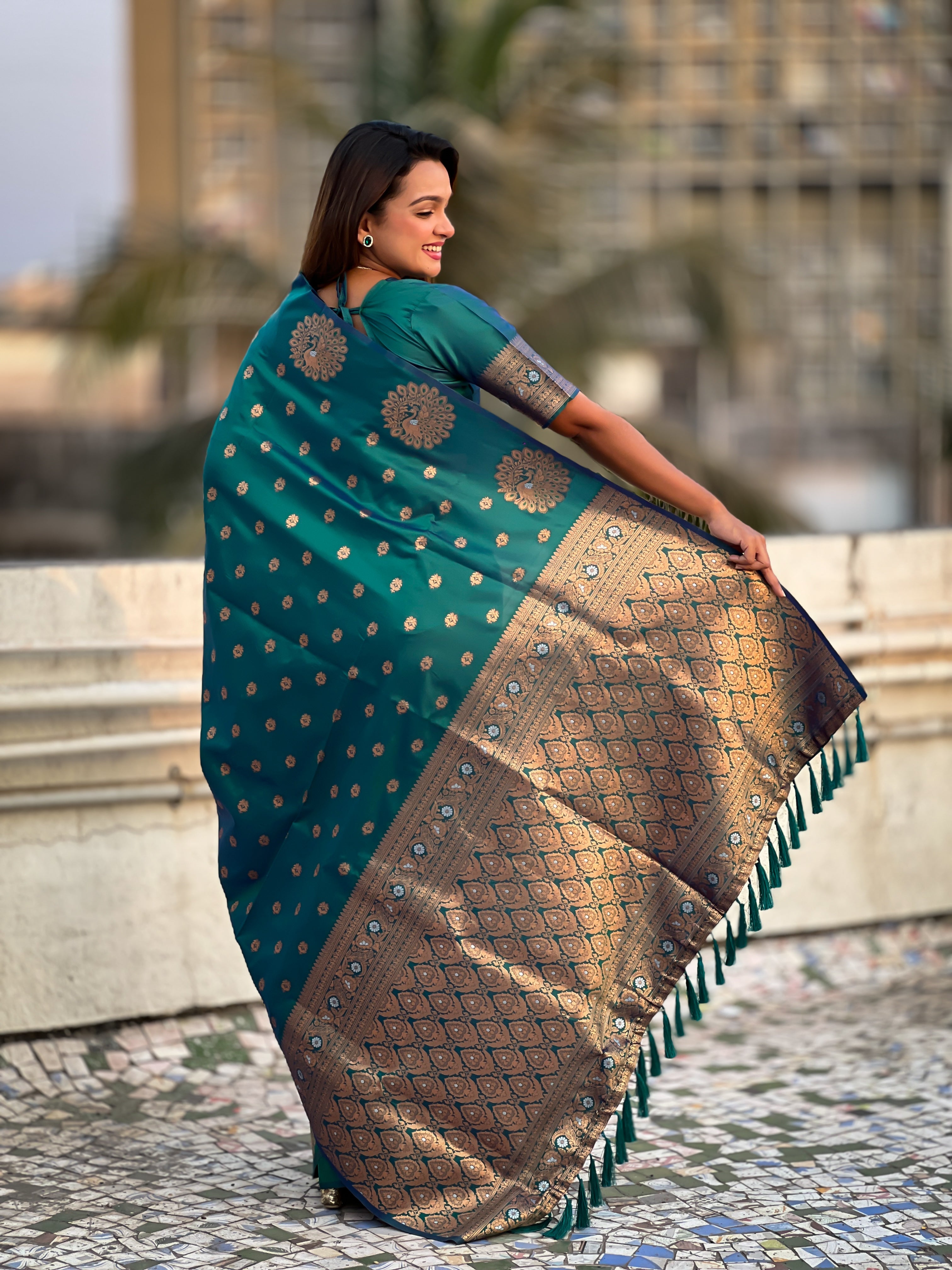 Rama Soft Silk Dual Zari Woven Saree with Peacock Border
