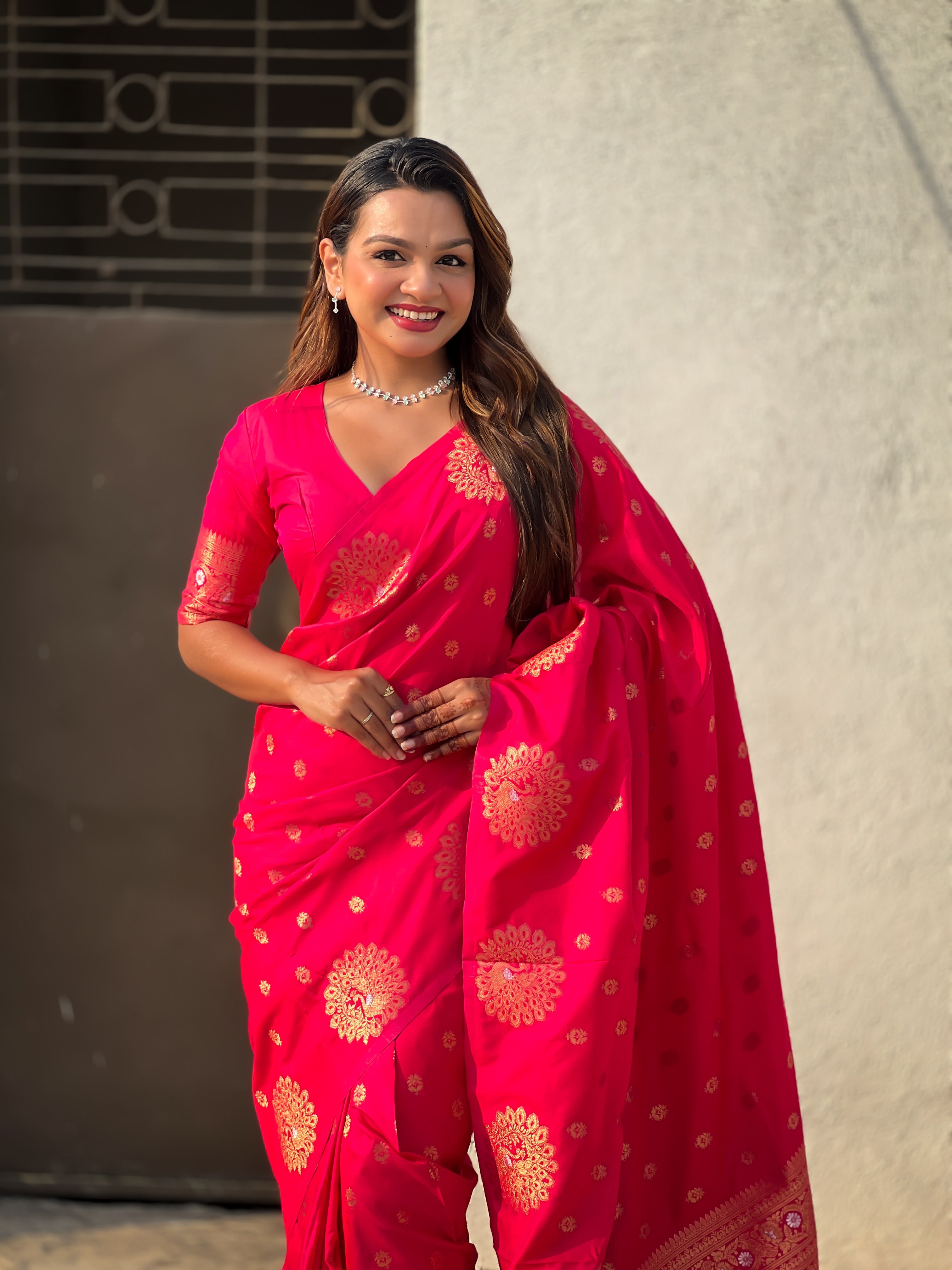 Red Soft Silk Dual Zari Woven Saree with Peacock Border