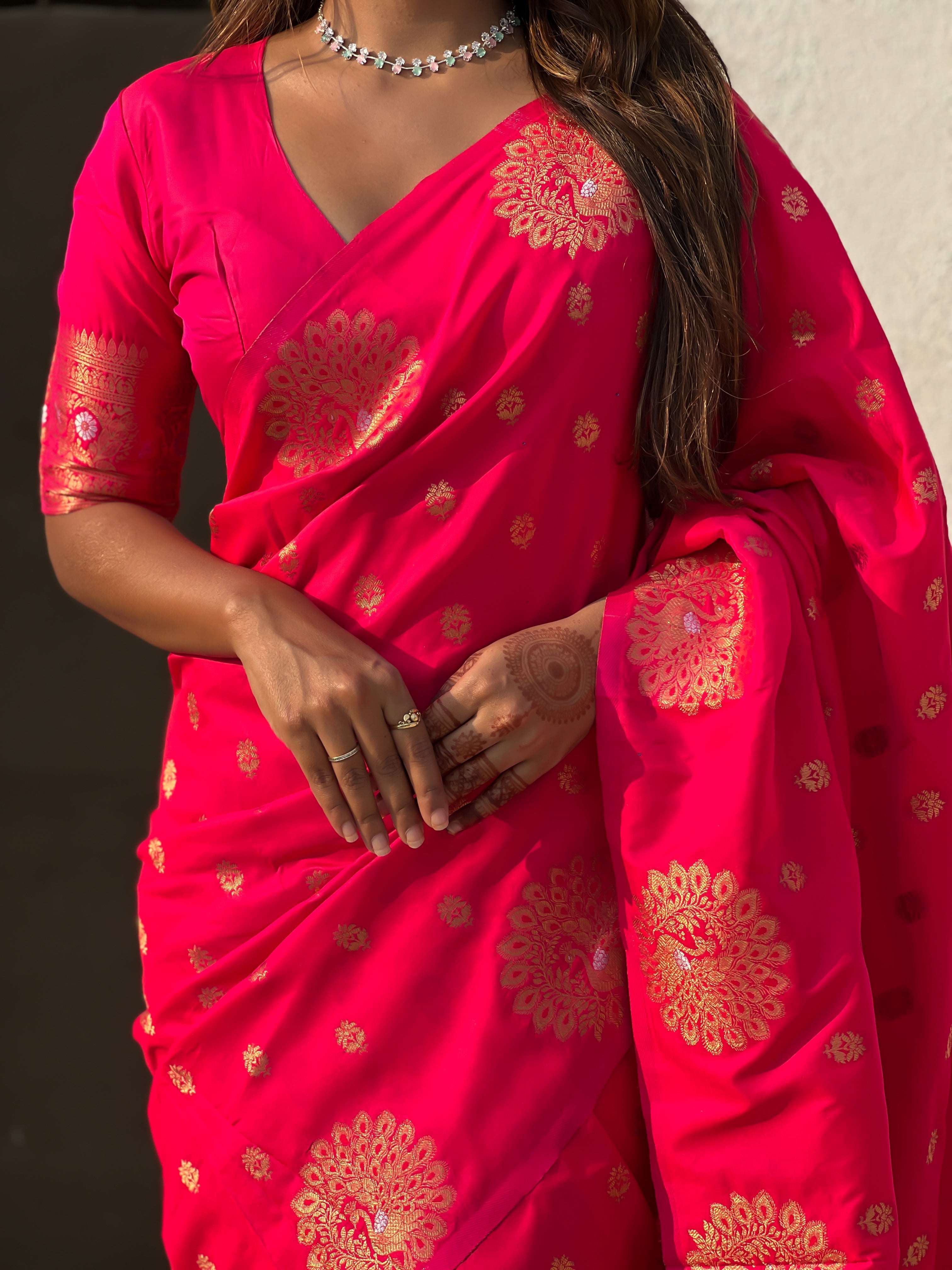 Red Soft Silk Dual Zari Woven Saree with Peacock Border