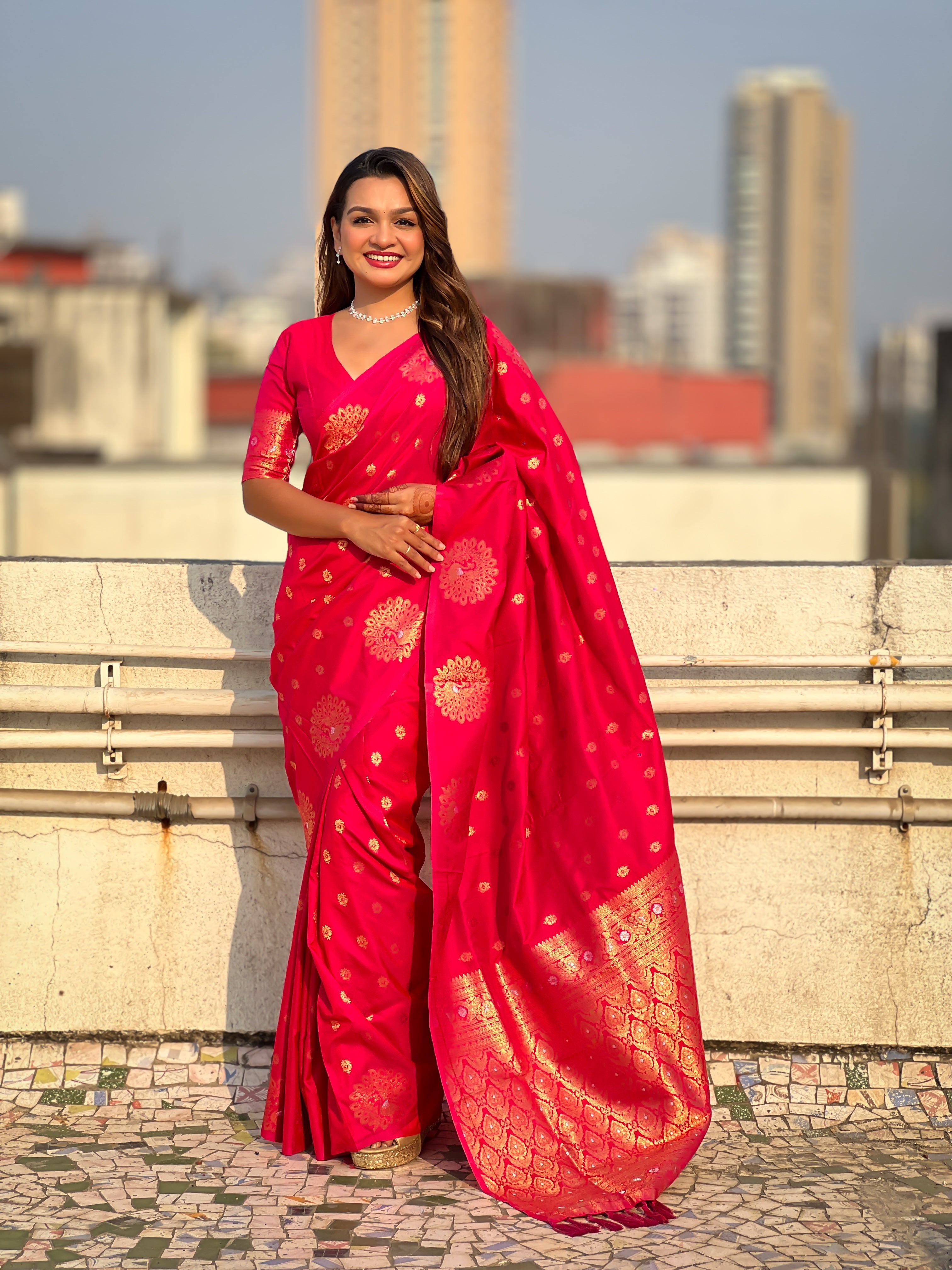 Red Soft Silk Dual Zari Woven Saree with Peacock Border