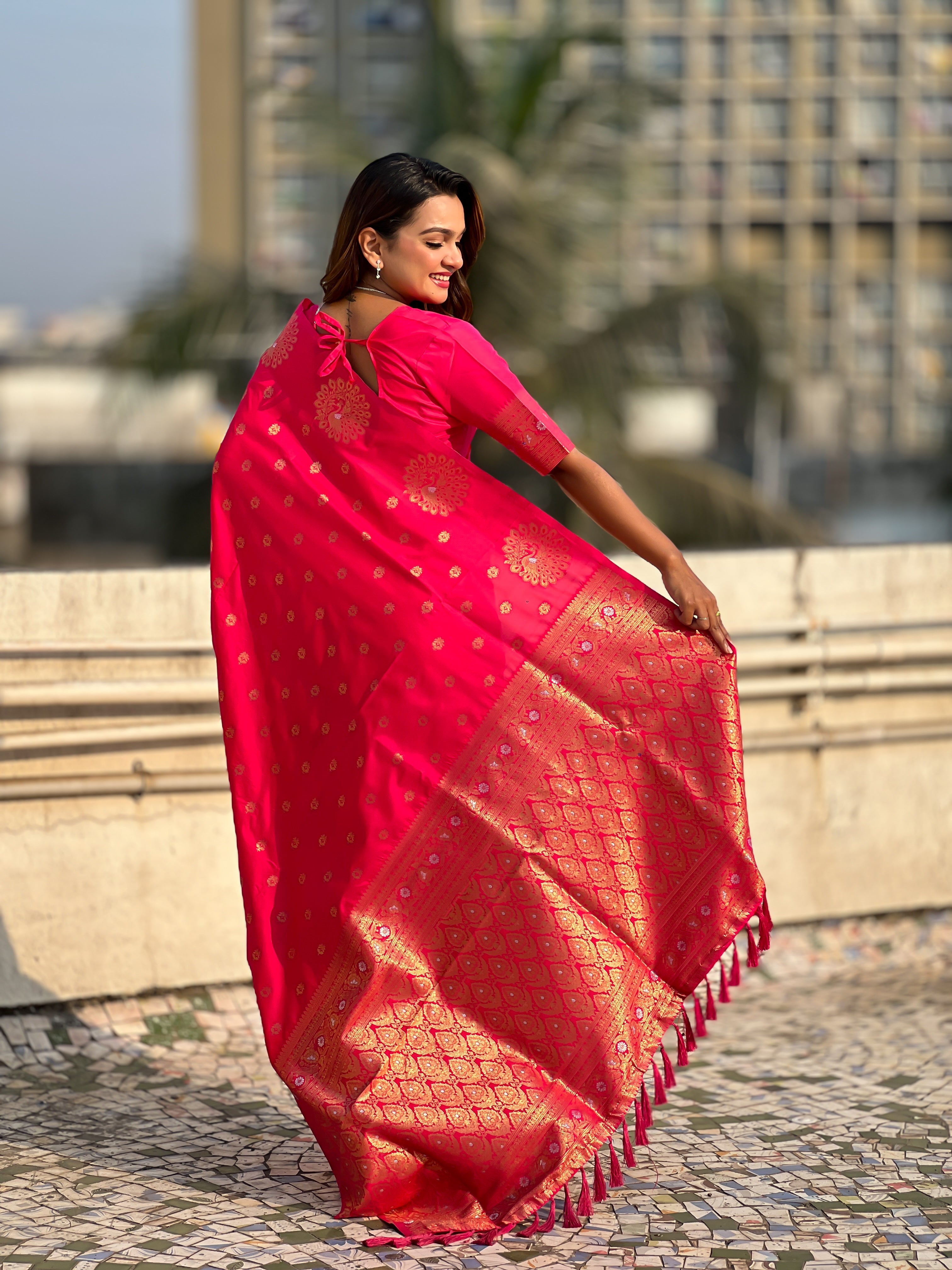 Red Soft Silk Dual Zari Woven Saree with Peacock Border