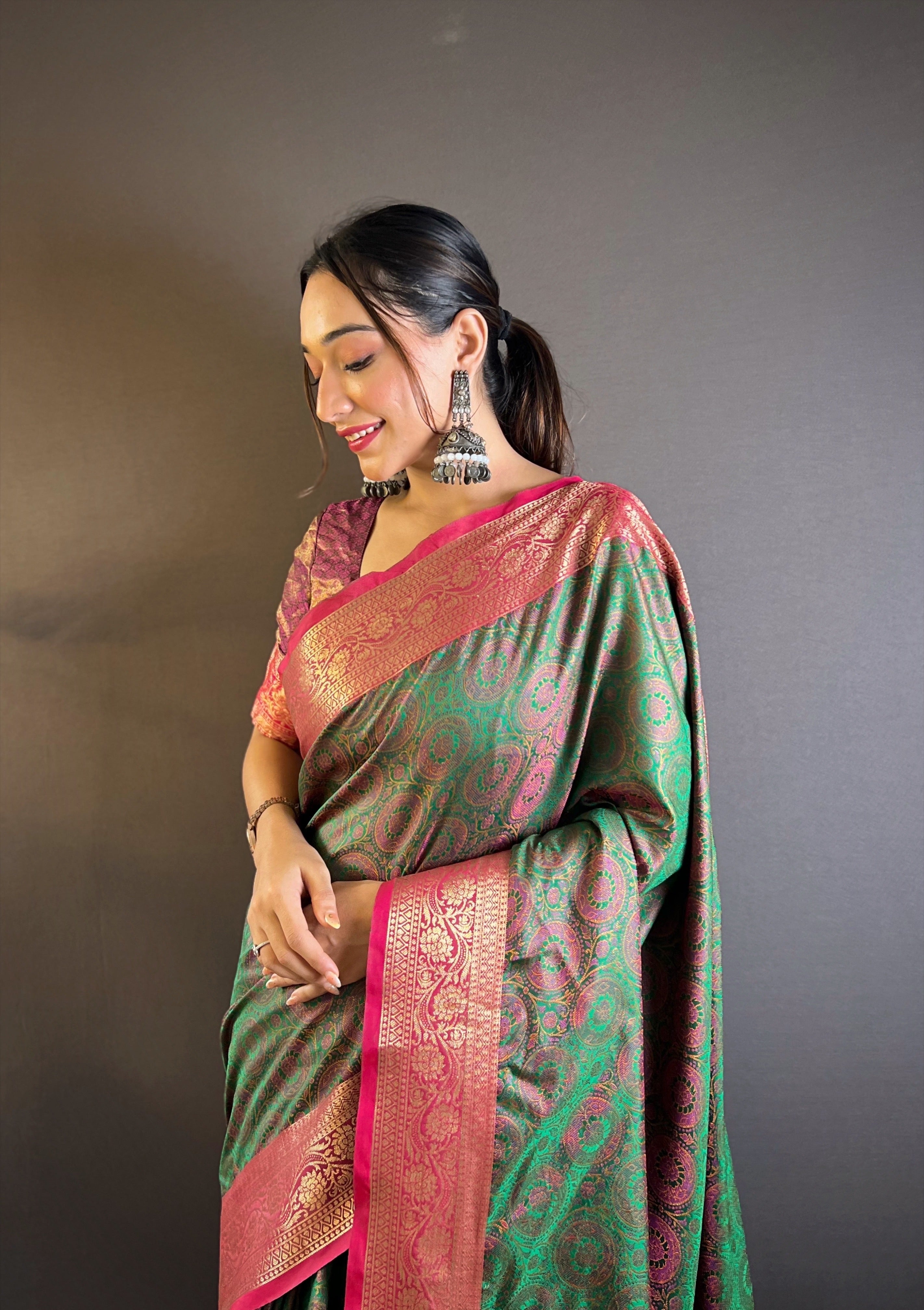 Green Soft Kashmiri Silk Zari Woven Contrast Saree