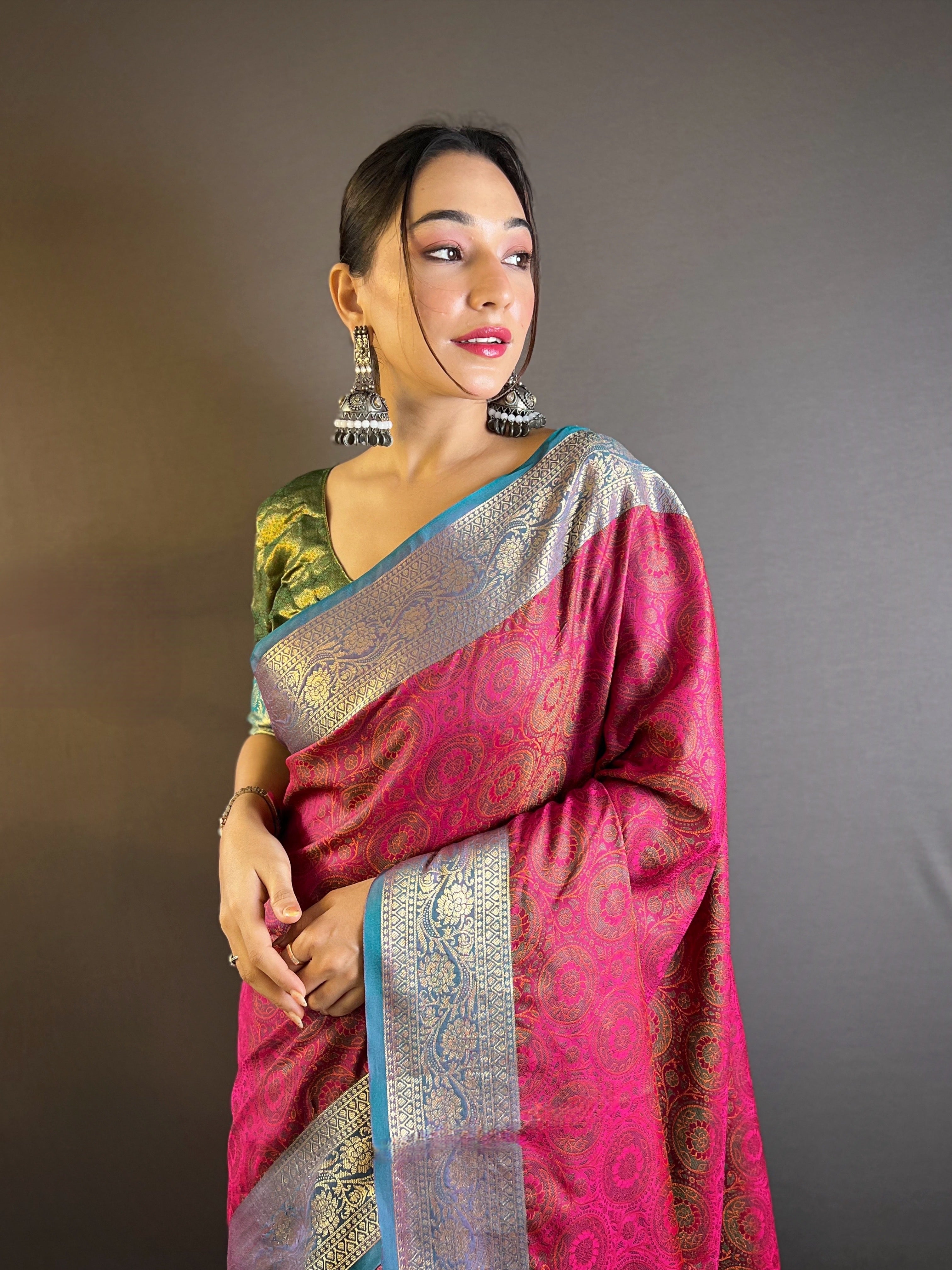 Pink Soft Kashmiri Silk Zari Woven Contrast Saree