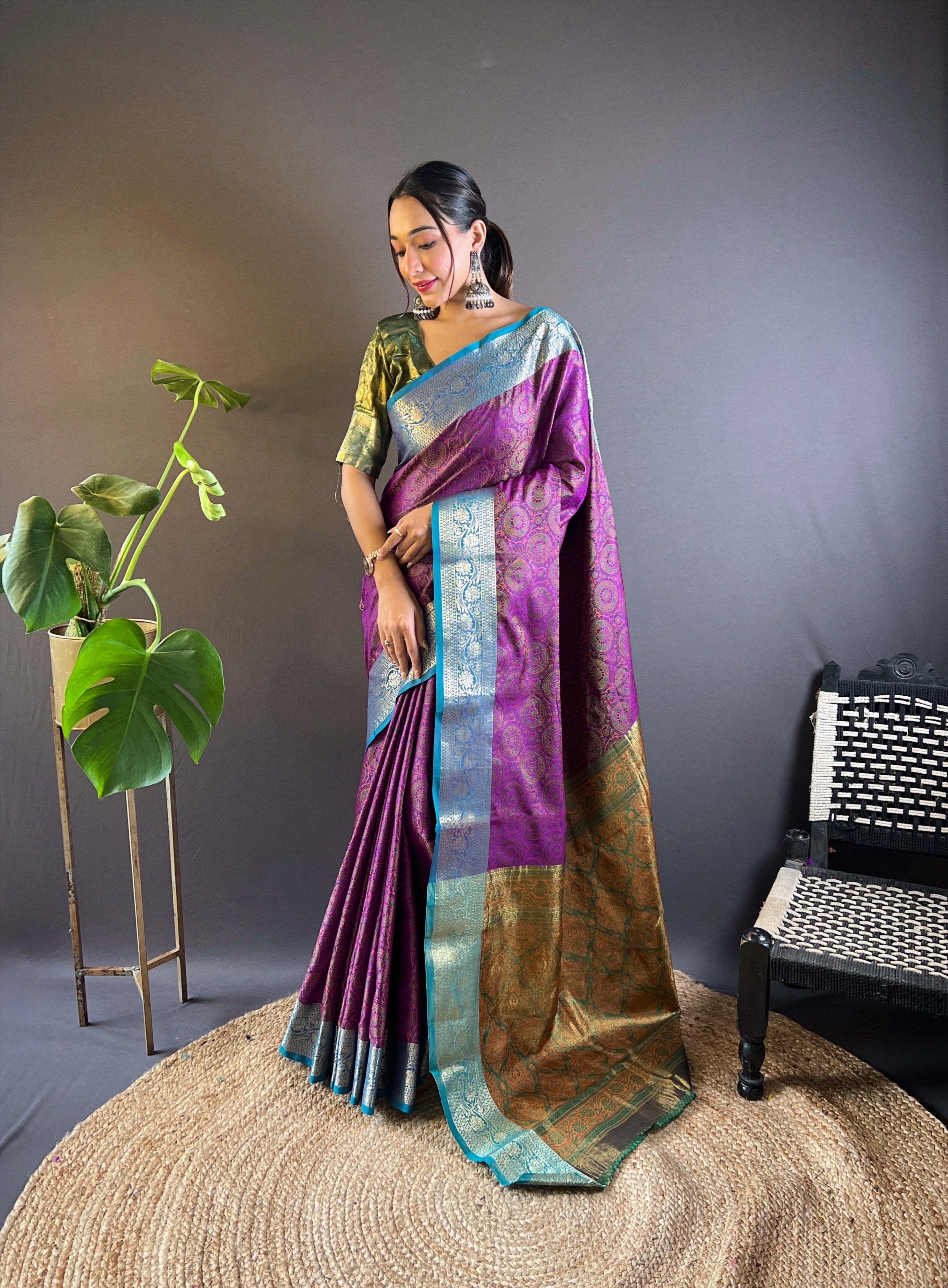 Purple Soft Kashmiri Silk Zari Woven Contrast Saree