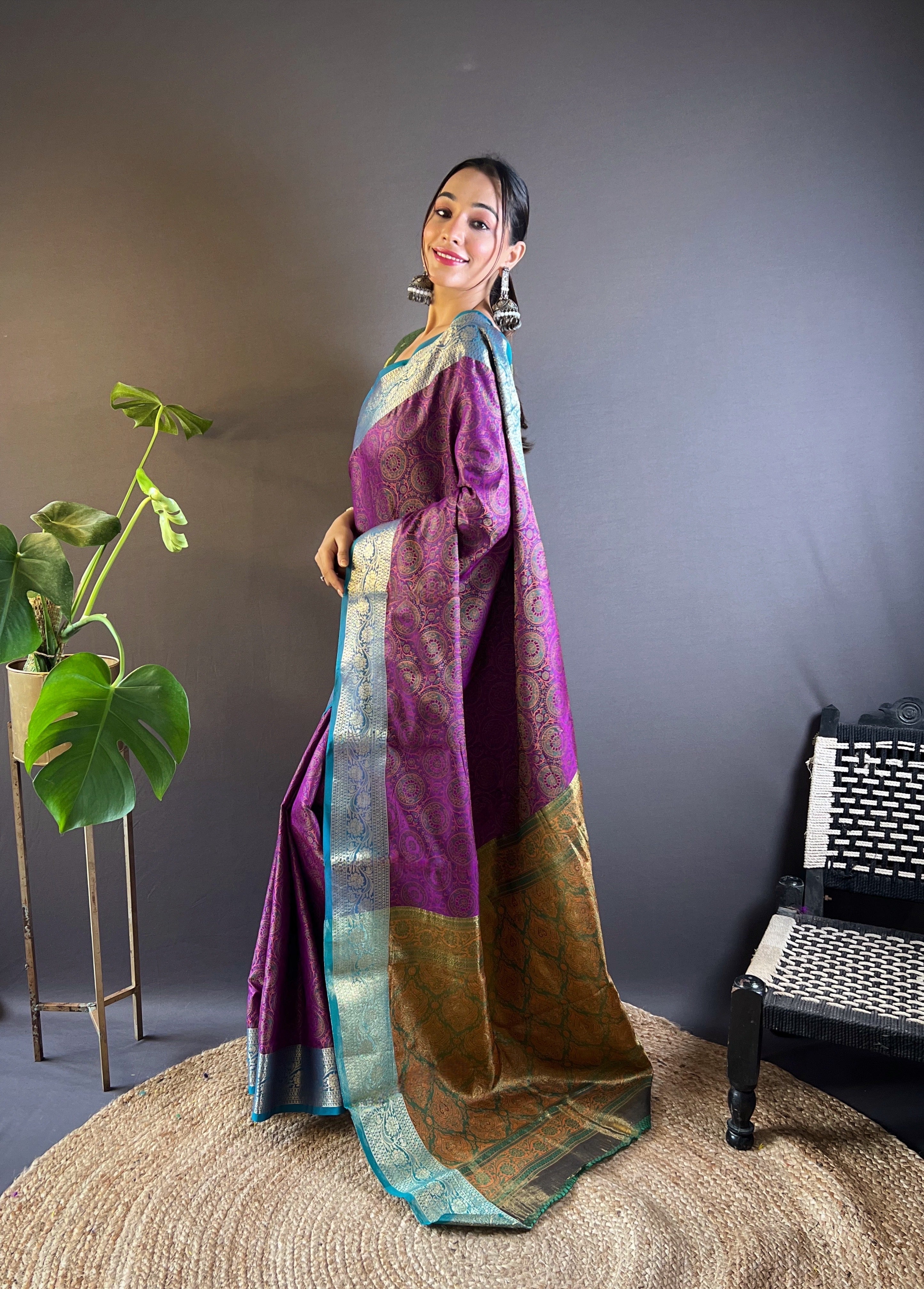 Purple Soft Kashmiri Silk Zari Woven Contrast Saree