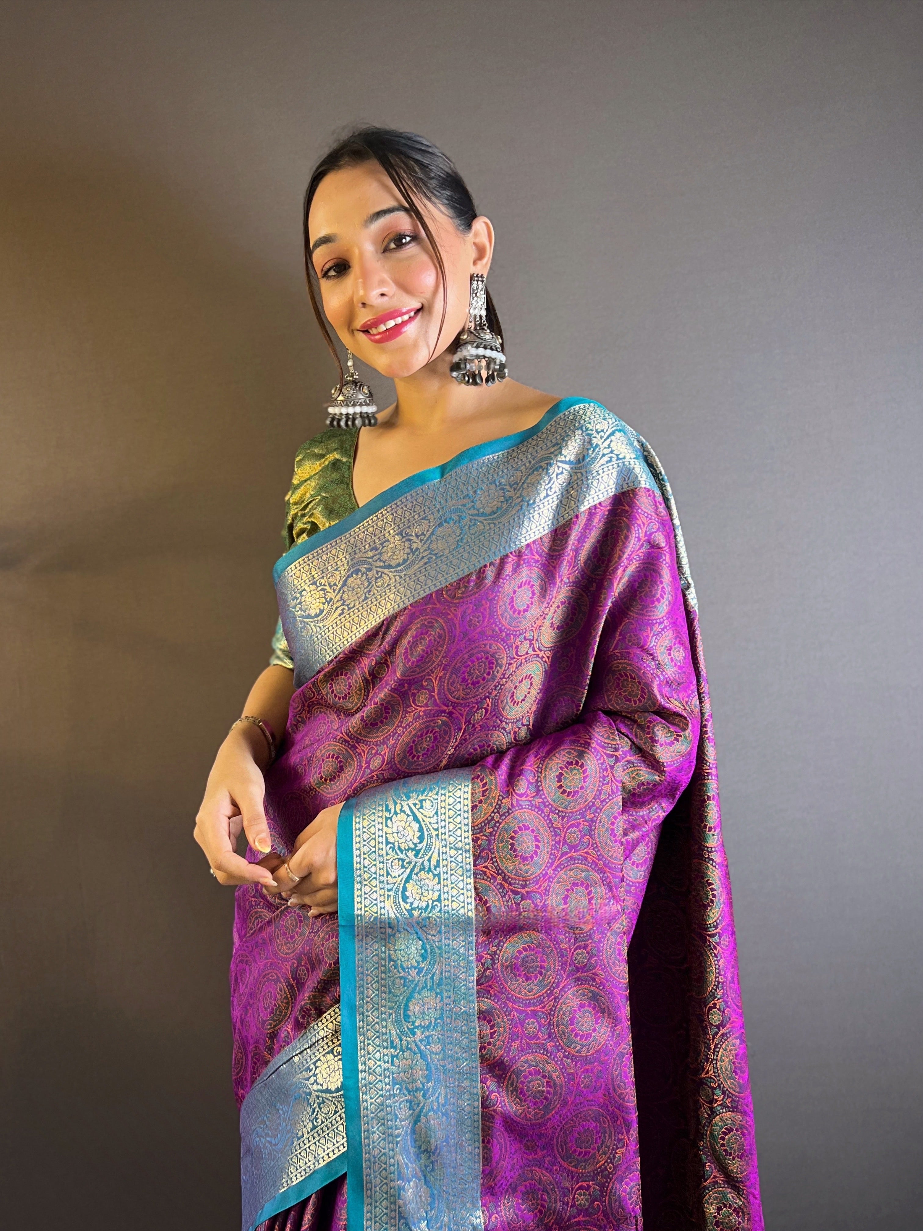 Purple Soft Kashmiri Silk Zari Woven Contrast Saree