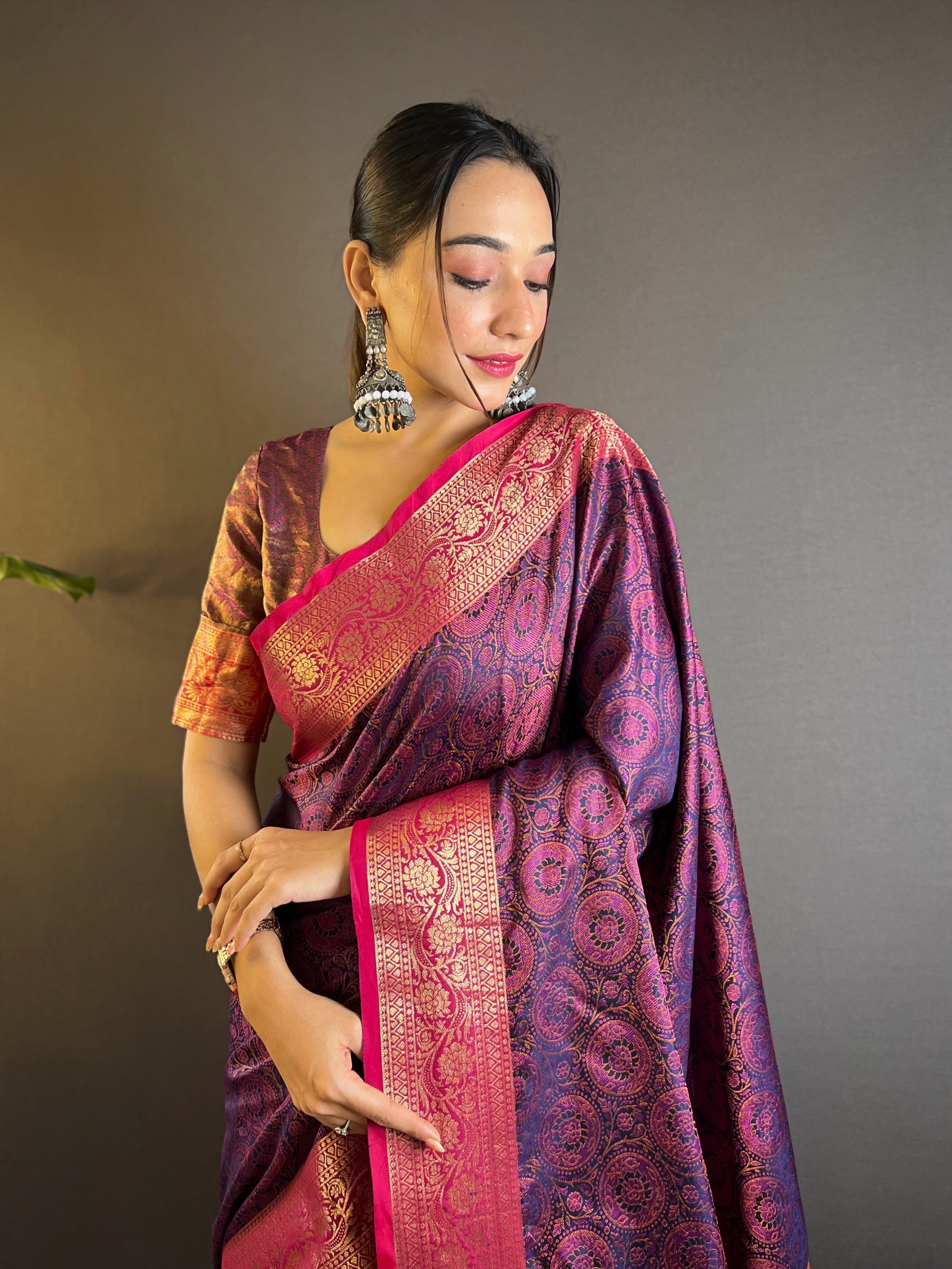 Violet Soft Kashmiri Silk Zari Woven Contrast Saree