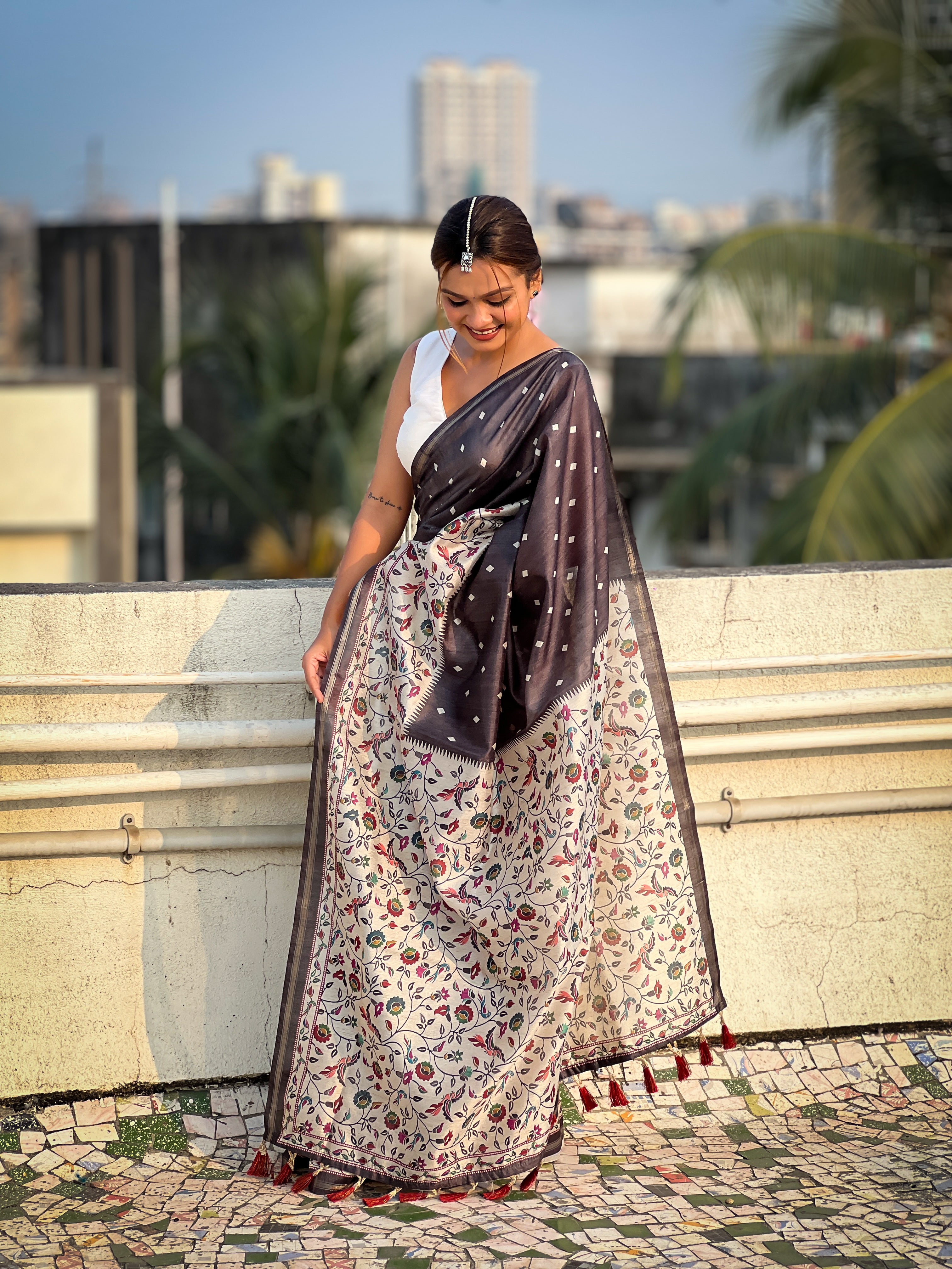 Black Katki Silk Printed Kalamkari Saree with Zari Border