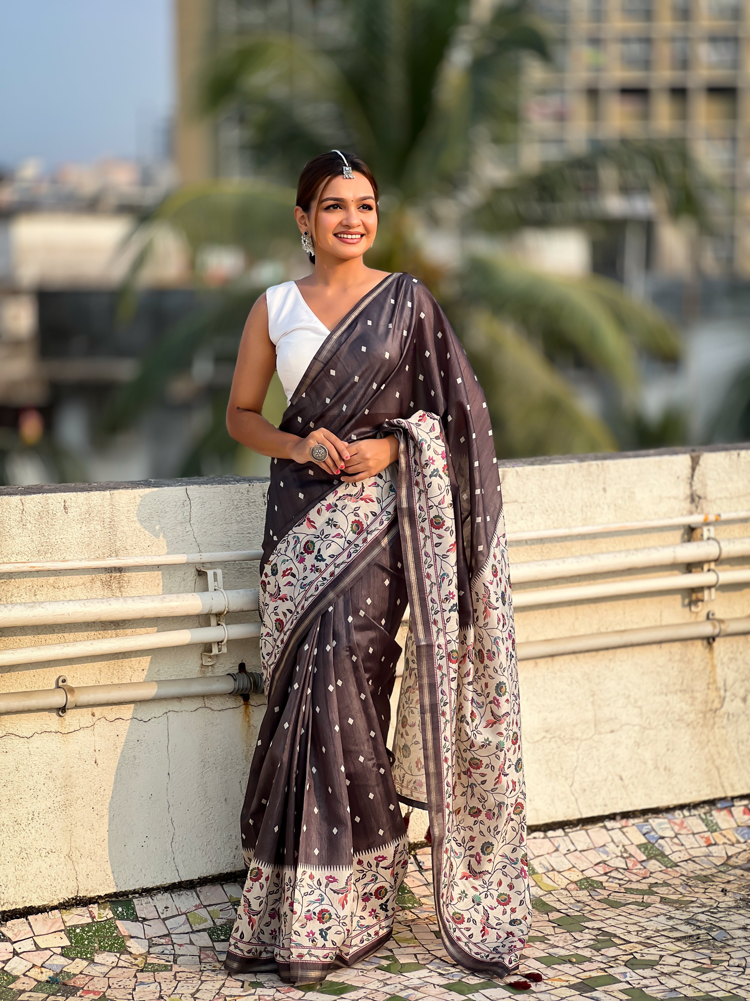 New Function Wear Katki Silk Printed Kalamkari Saree with Zari Border