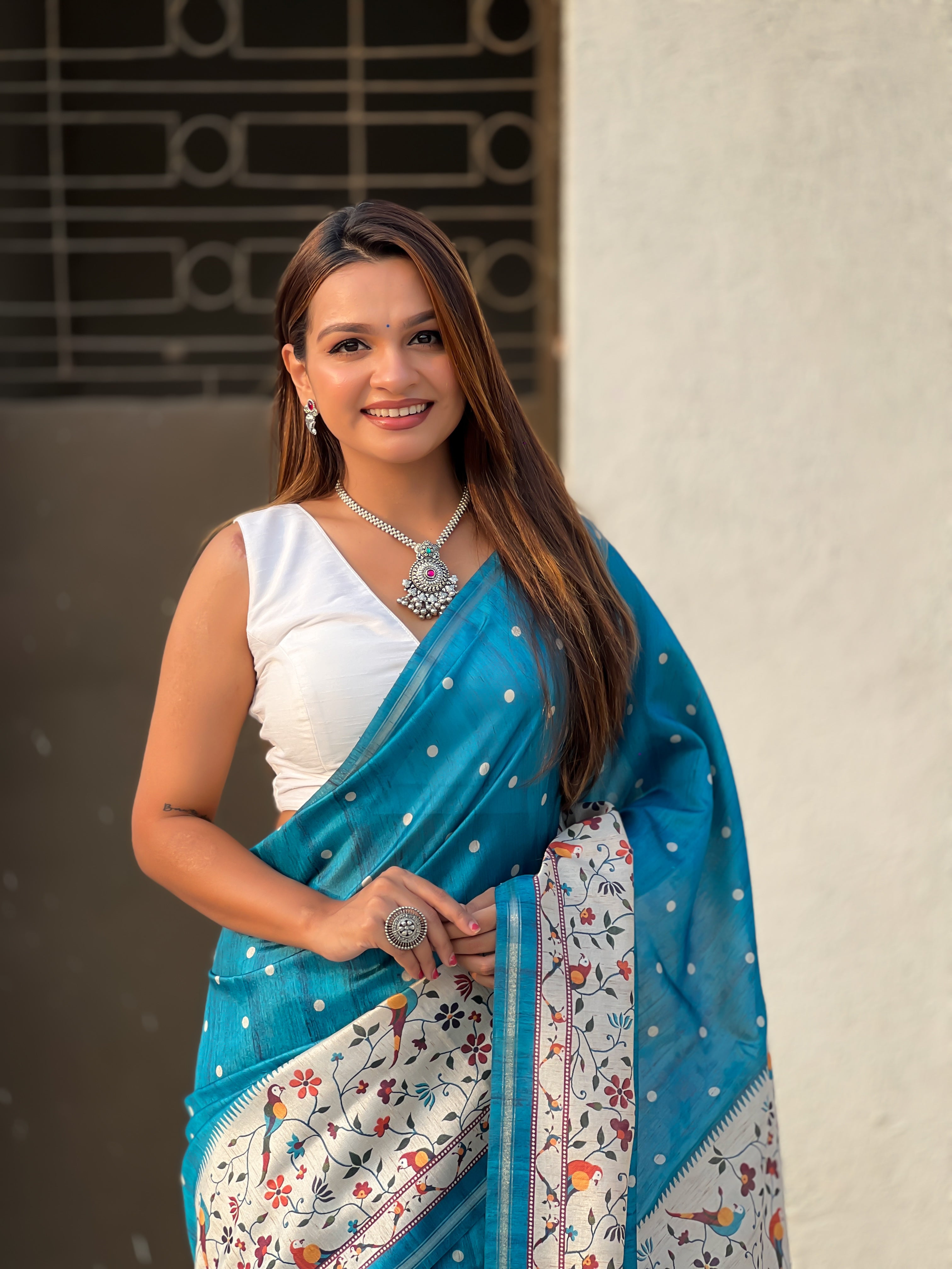 Denim Katki Silk Printed Kalamkari Saree with Zari Border