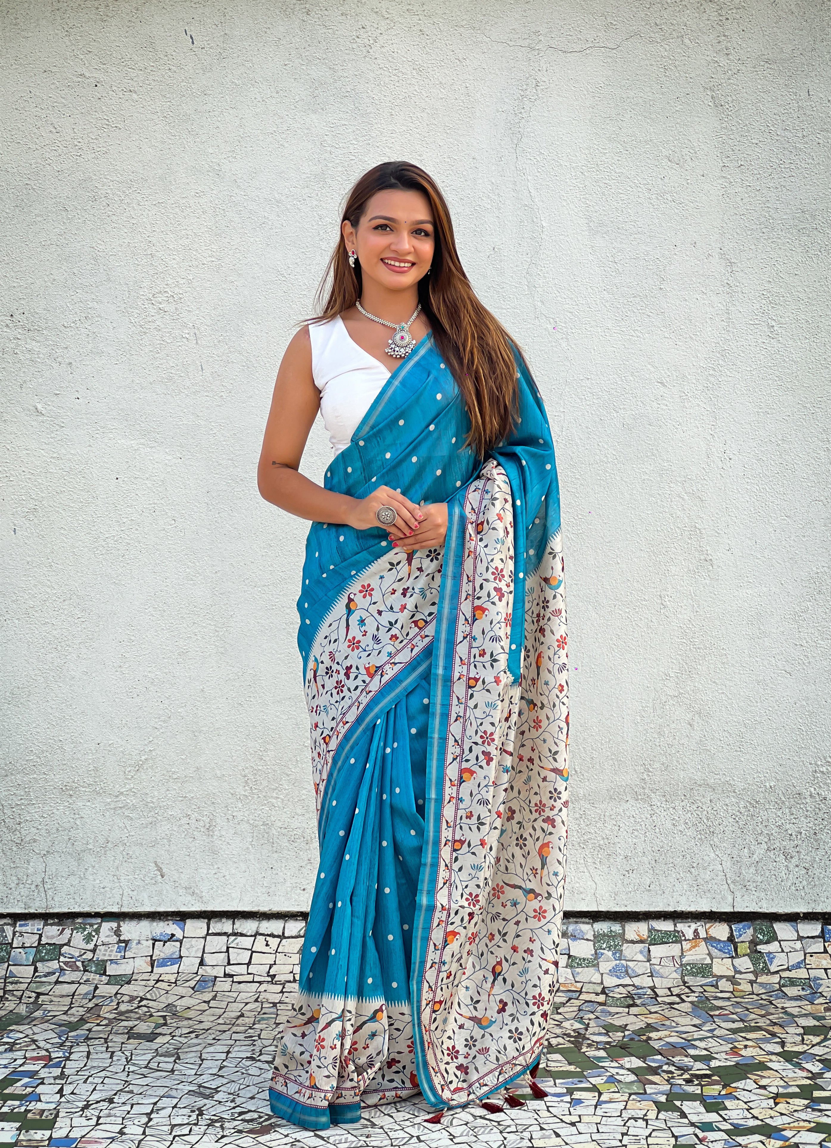 Denim Katki Silk Printed Kalamkari Saree with Zari Border