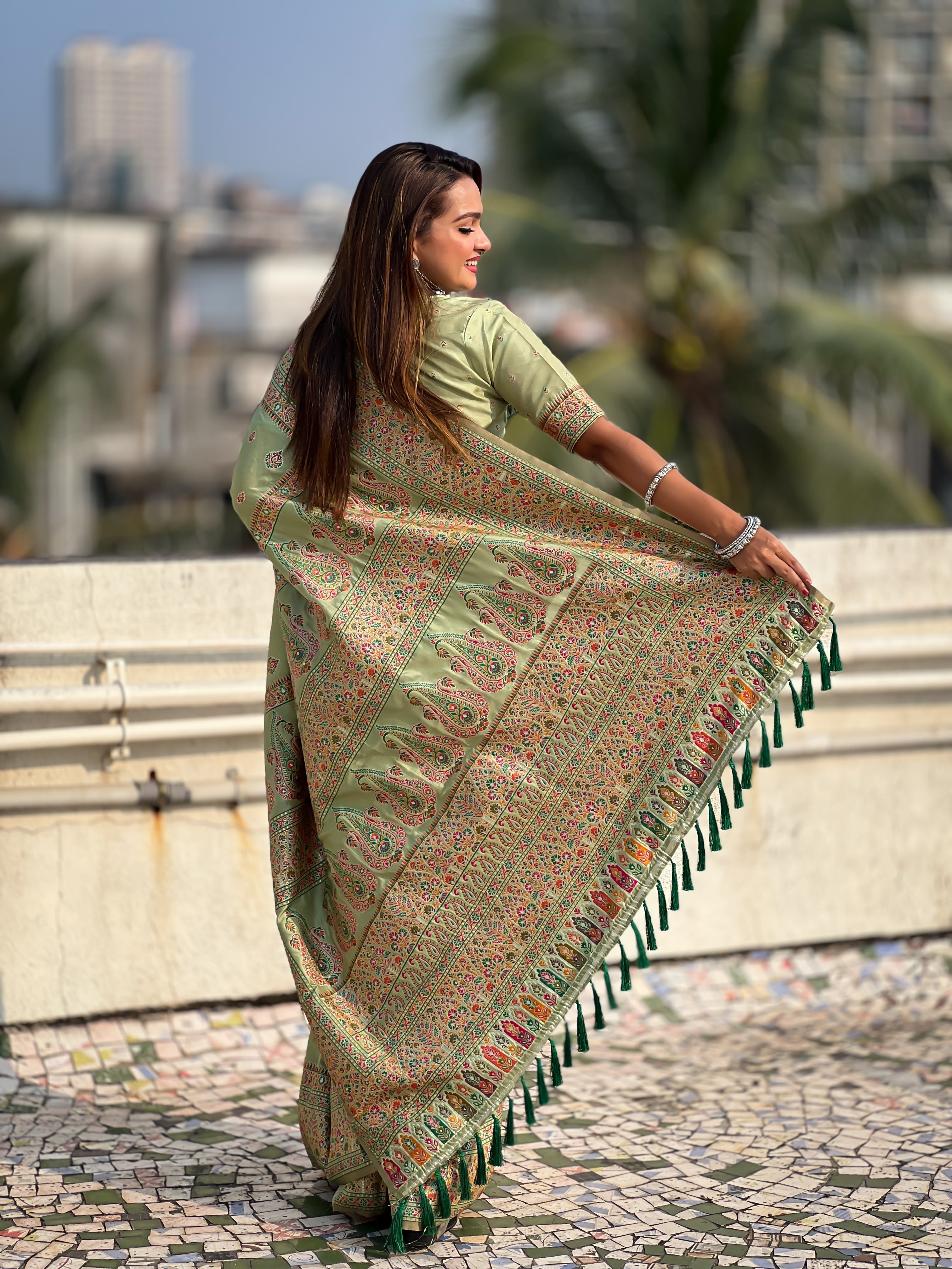 Pista Pashmina Silk Zari Woven Party And Wedding Wear Saree With Blouse