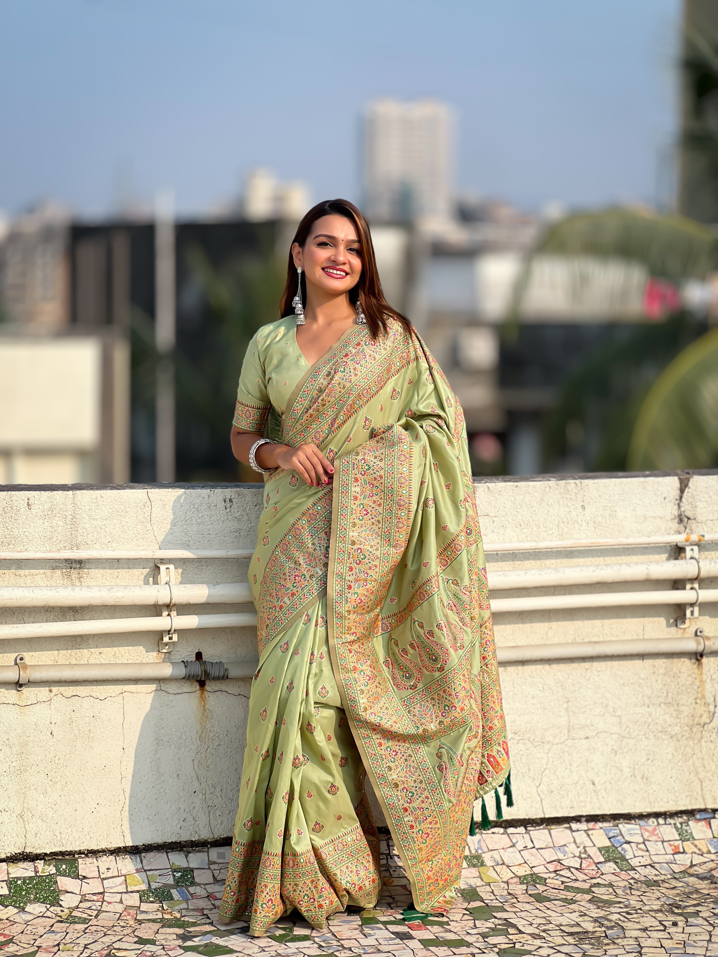 Pista Pashmina Silk Zari Woven Party And Wedding Wear Saree With Blouse