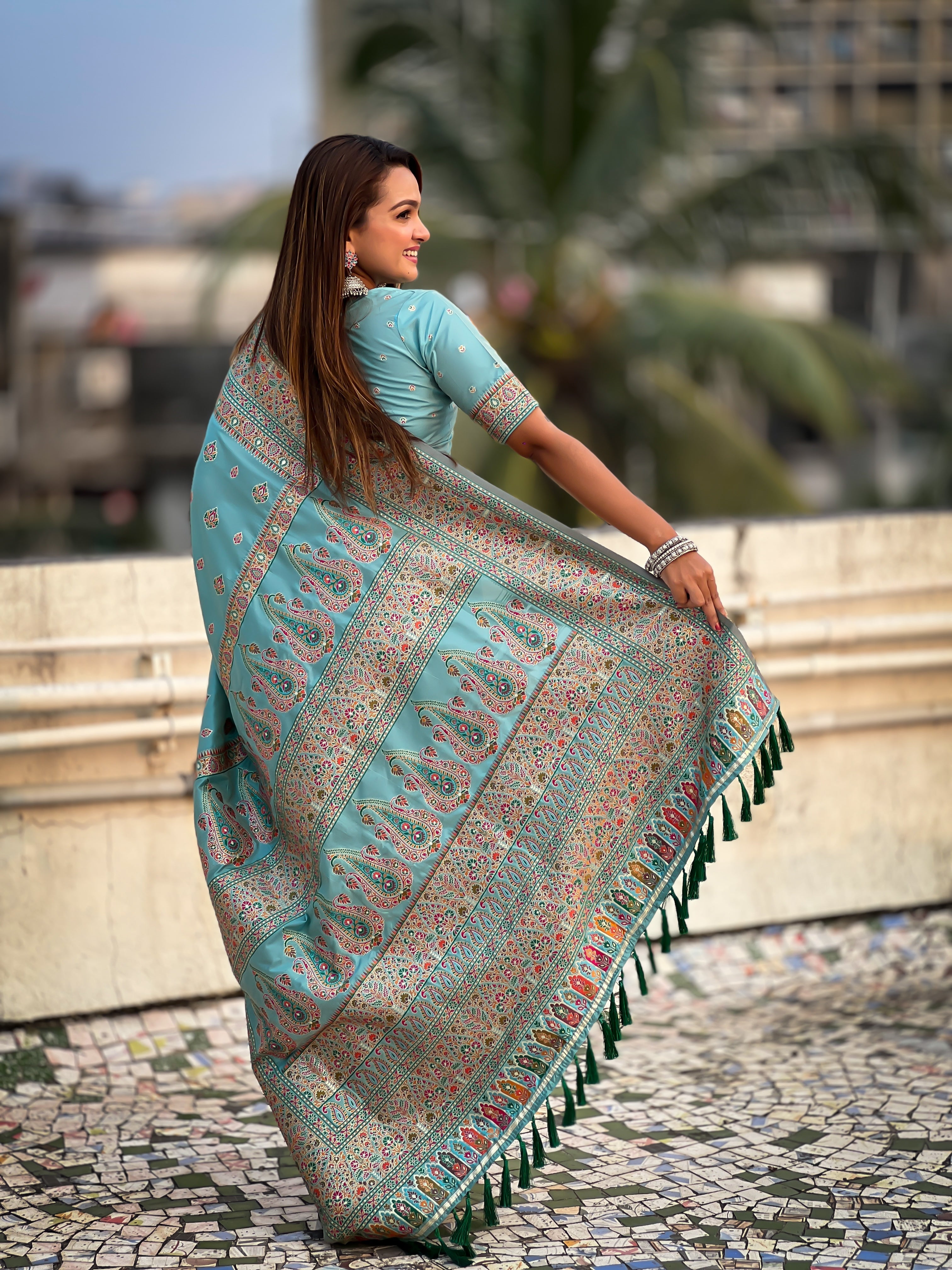 Sky Pashmina Silk Zari Woven Party And Wedding Wear Saree With Blouse