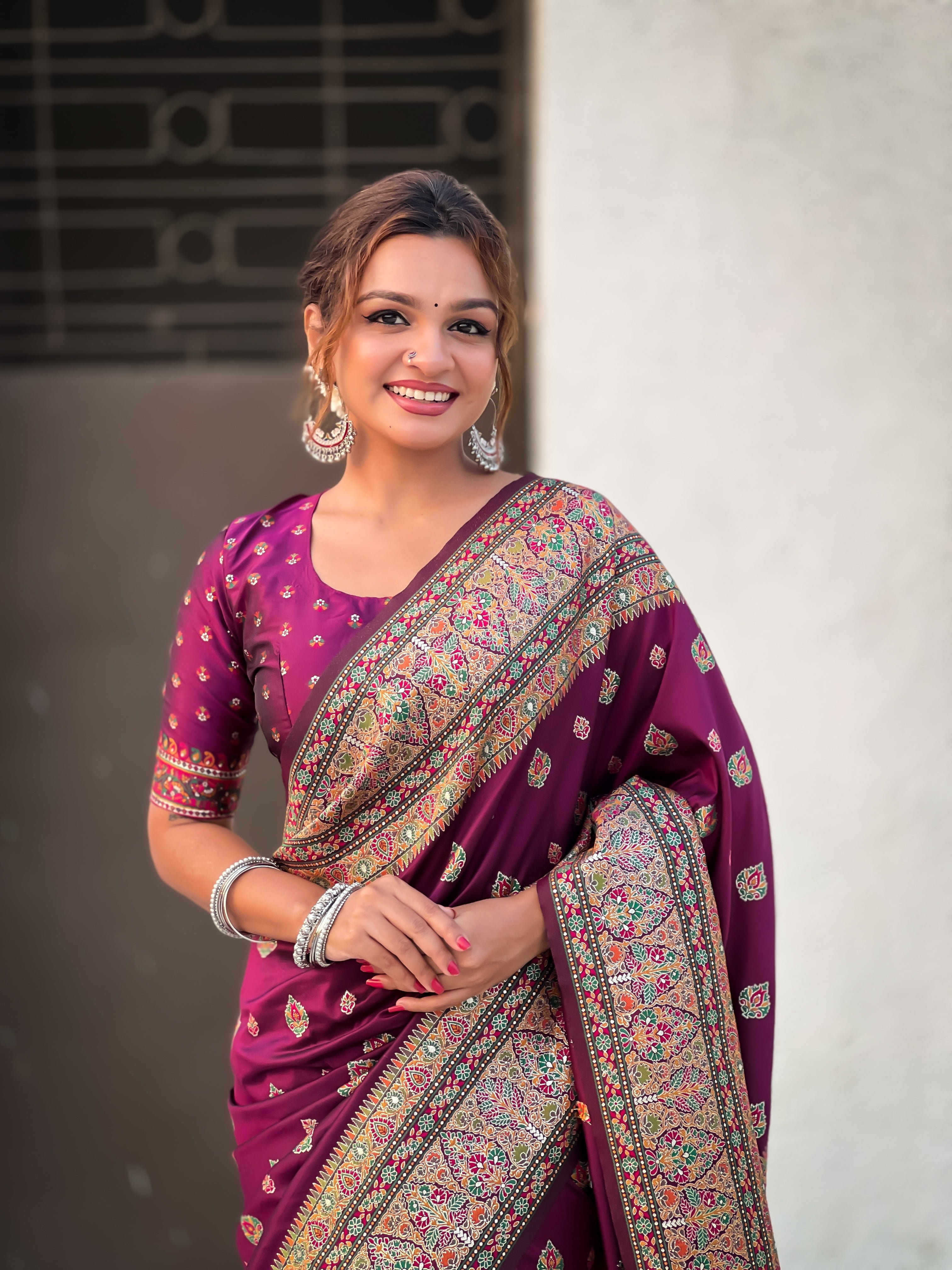 Wine Pashmina Kashmiri Silk Zari Woven Party And Wedding Wear Saree With Amazing Blouse