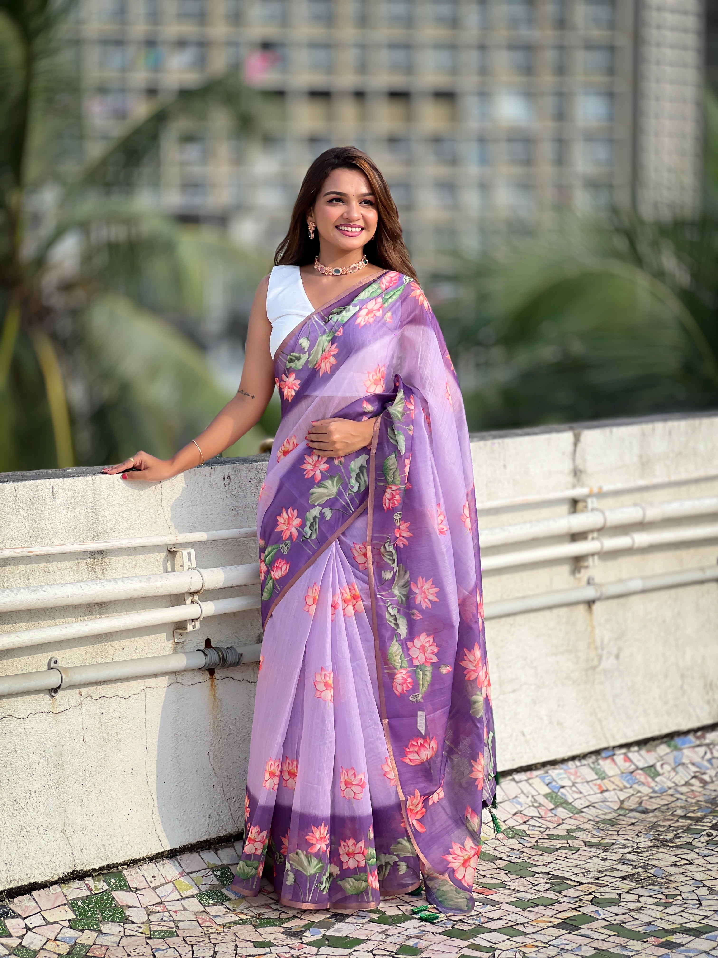 Lovendor Chanderi Cotton Pichwai Printed Saree with Zari Woven Border