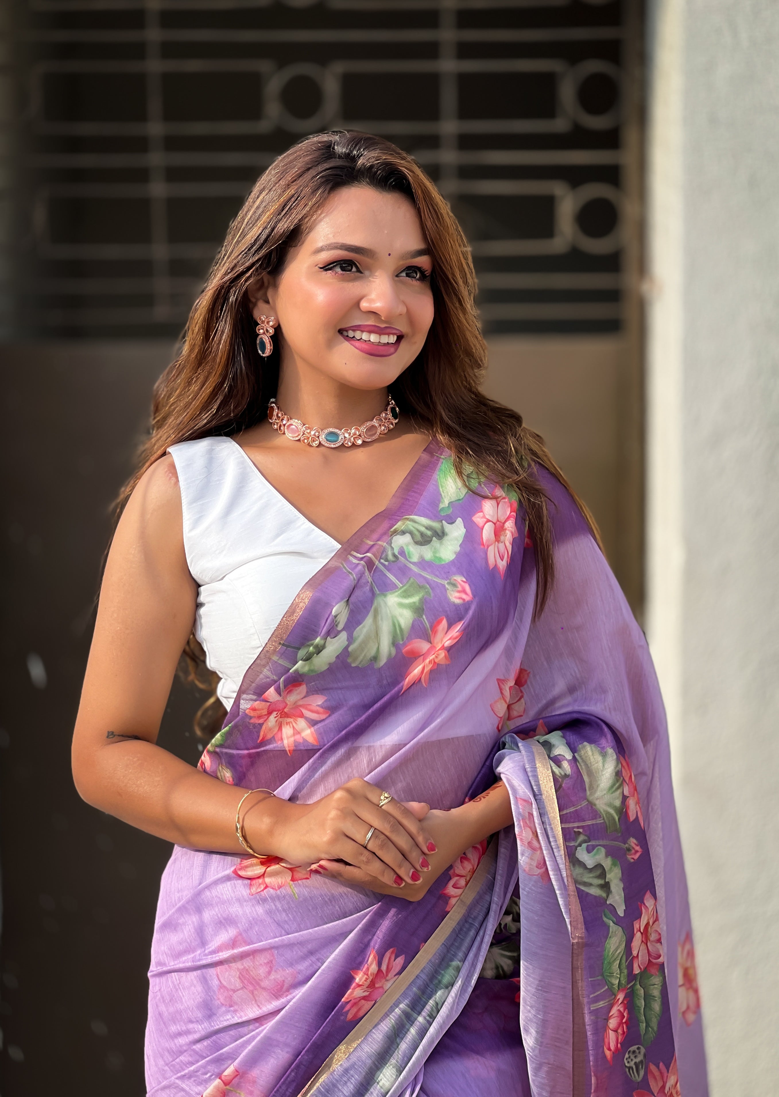 Lovendor Chanderi Cotton Pichwai Printed Saree with Zari Woven Border