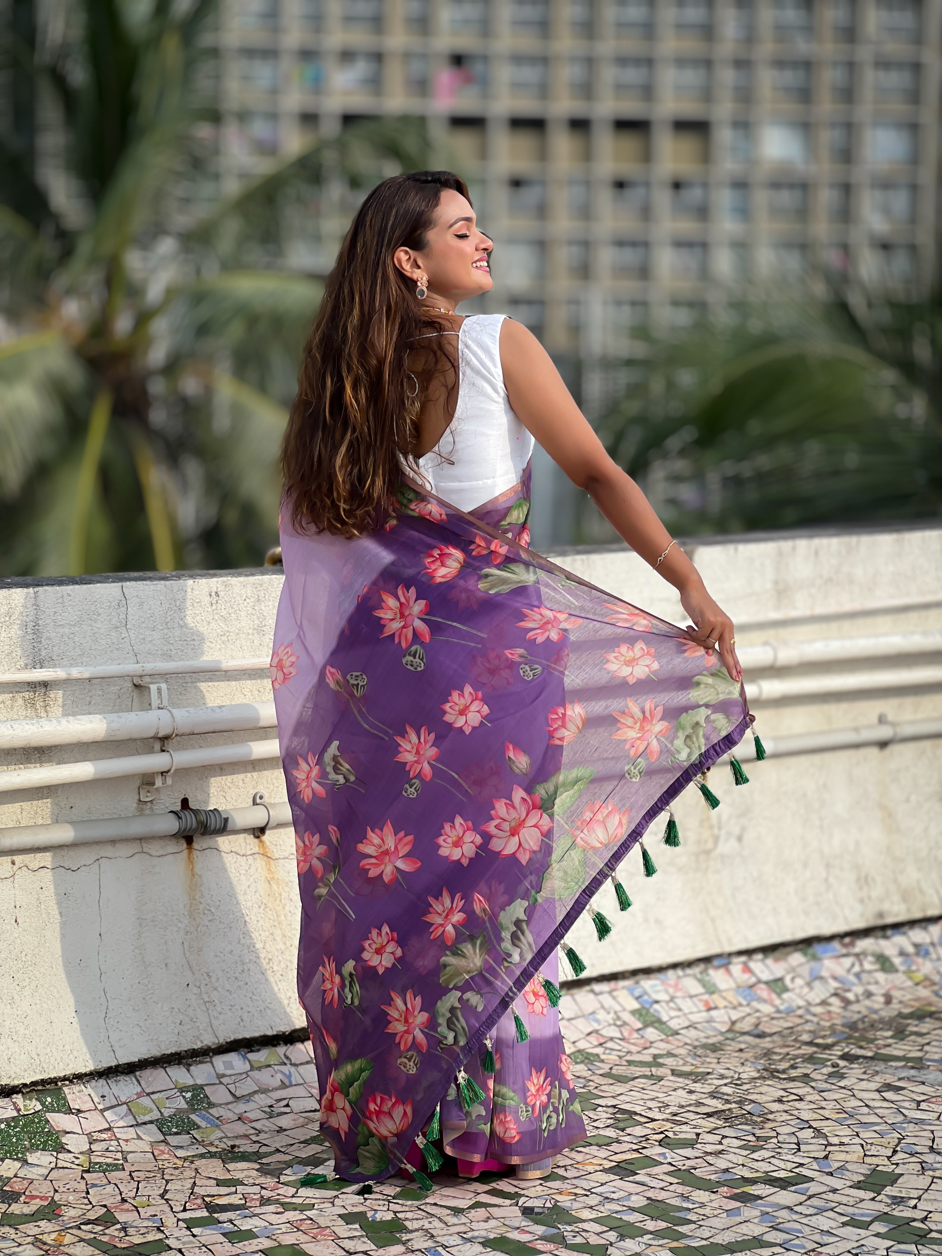 Lovendor Chanderi Cotton Pichwai Printed Saree with Zari Woven Border