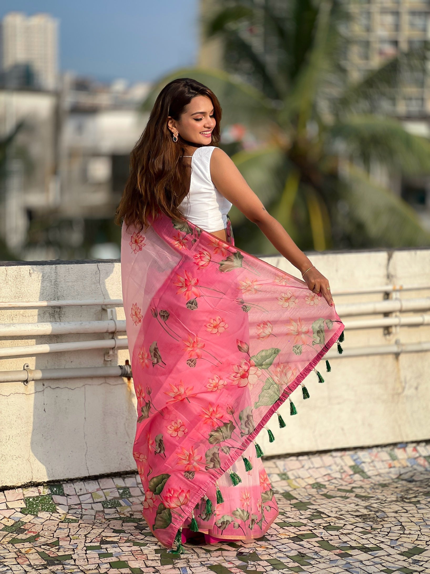 Pink Chanderi Cotton Pichwai Printed Saree with Zari Woven Border