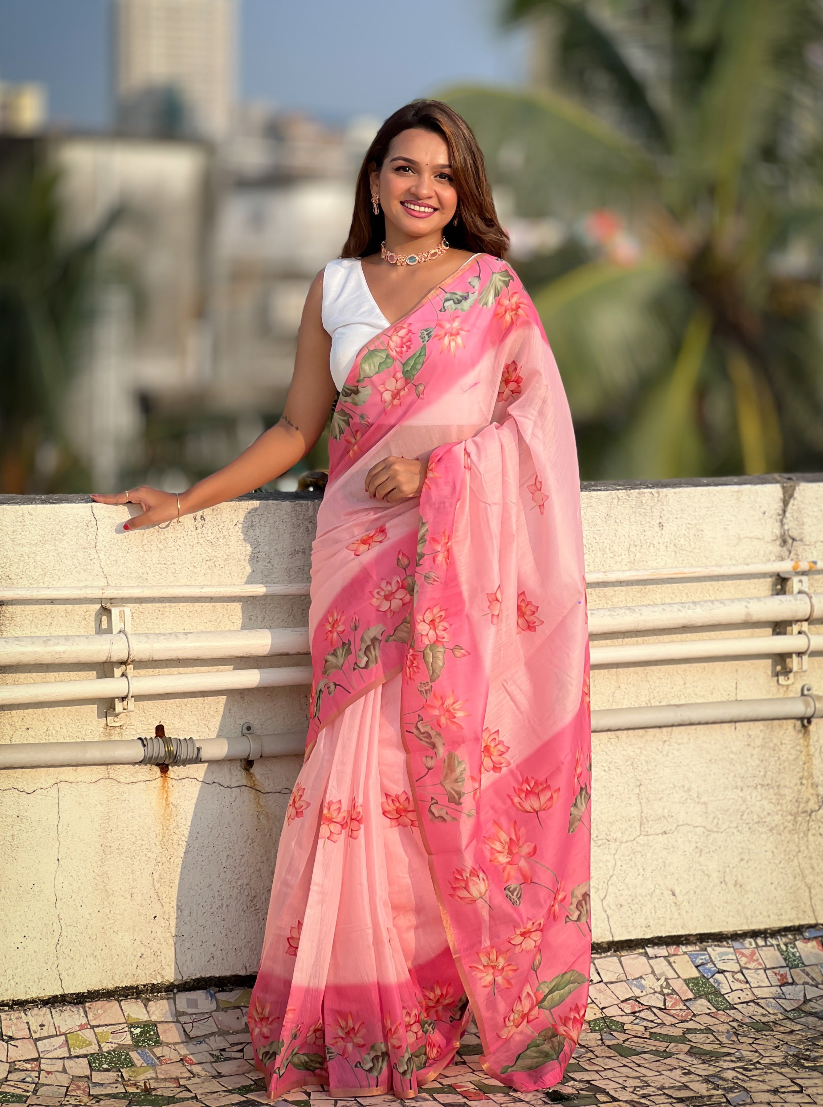 Pink Chanderi Cotton Pichwai Printed Saree with Zari Woven Border