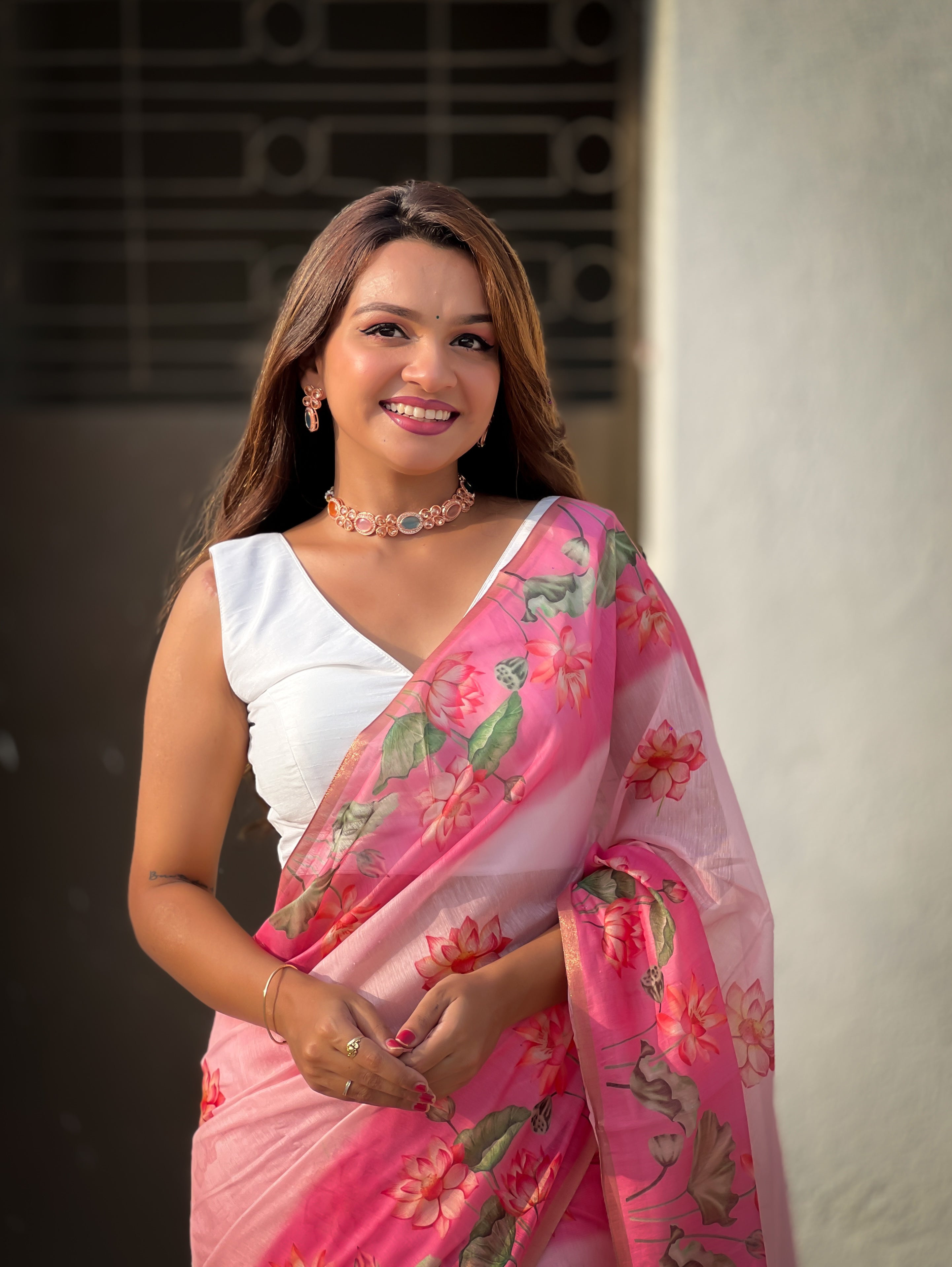 Pink Chanderi Cotton Pichwai Printed Saree with Zari Woven Border