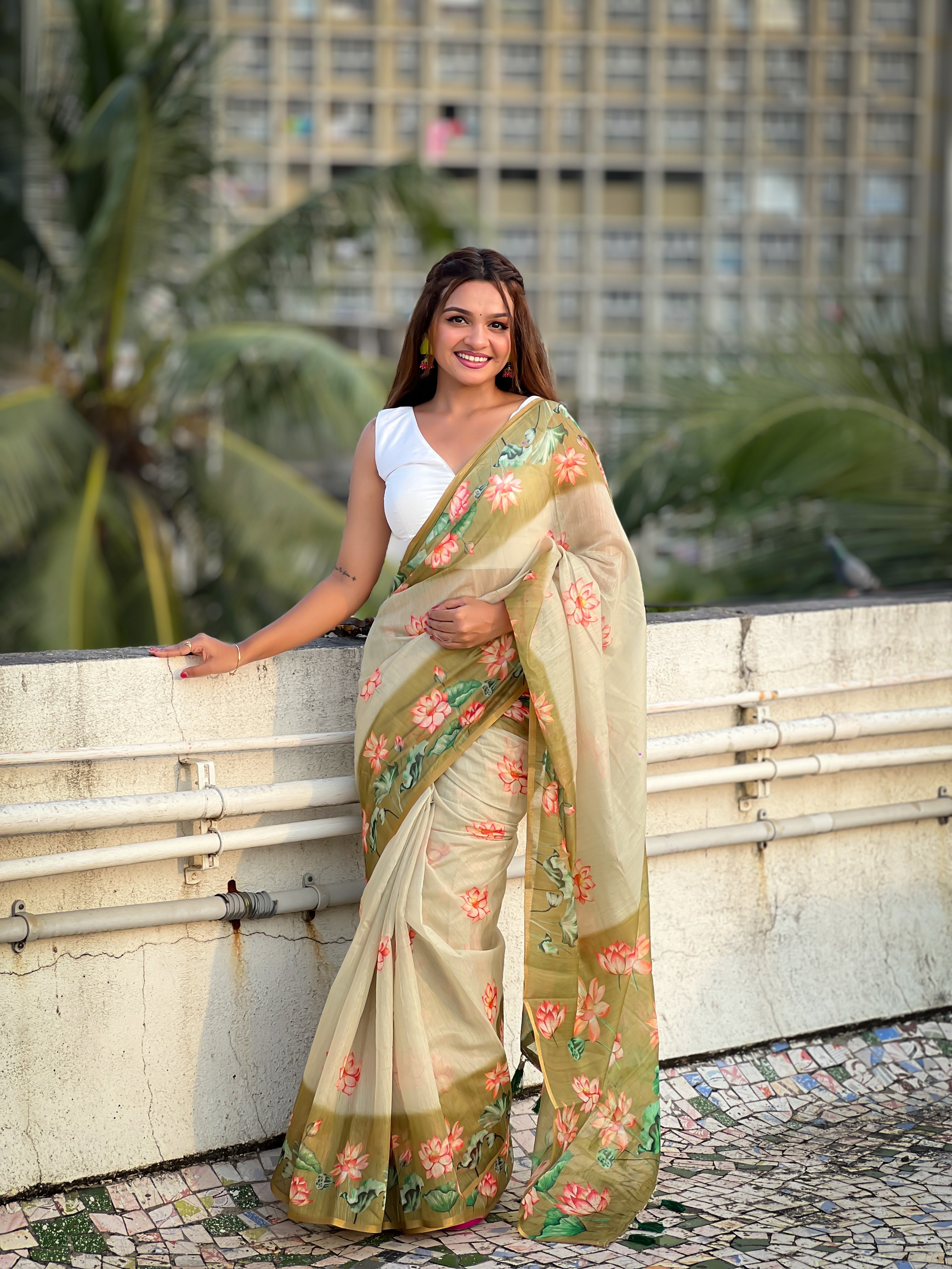Pista Chanderi Cotton Pichwai Printed Saree with Zari Woven Border