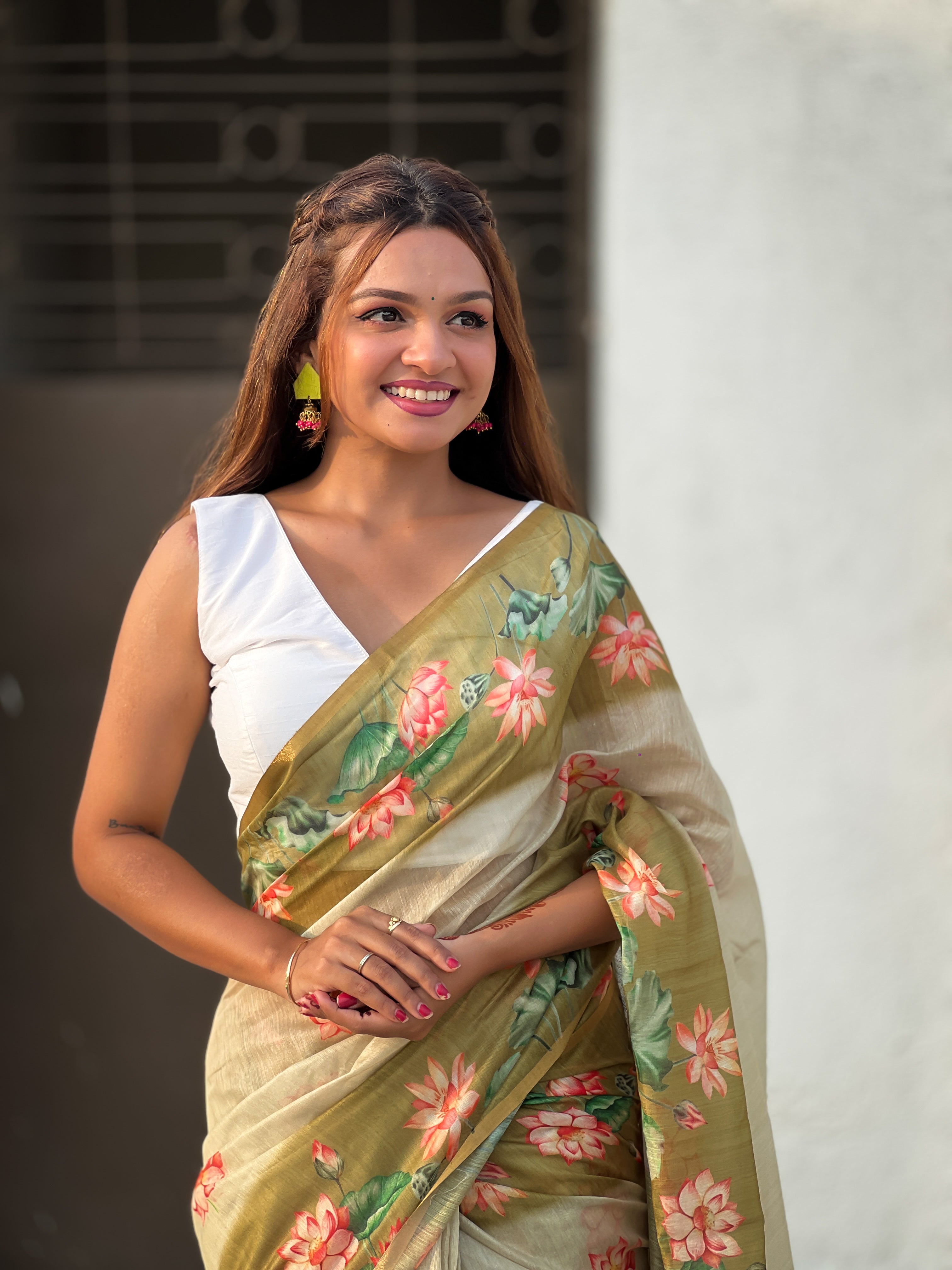 Pista Chanderi Cotton Pichwai Printed Saree with Zari Woven Border