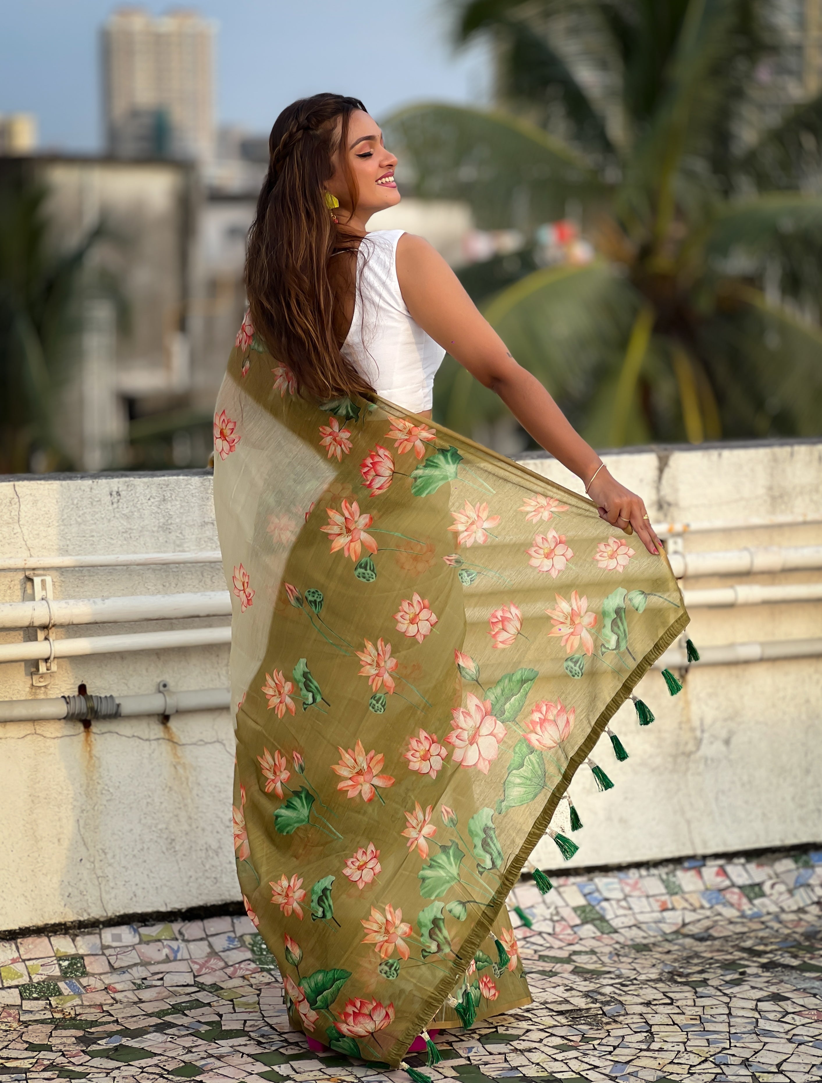 Pista Chanderi Cotton Pichwai Printed Saree with Zari Woven Border
