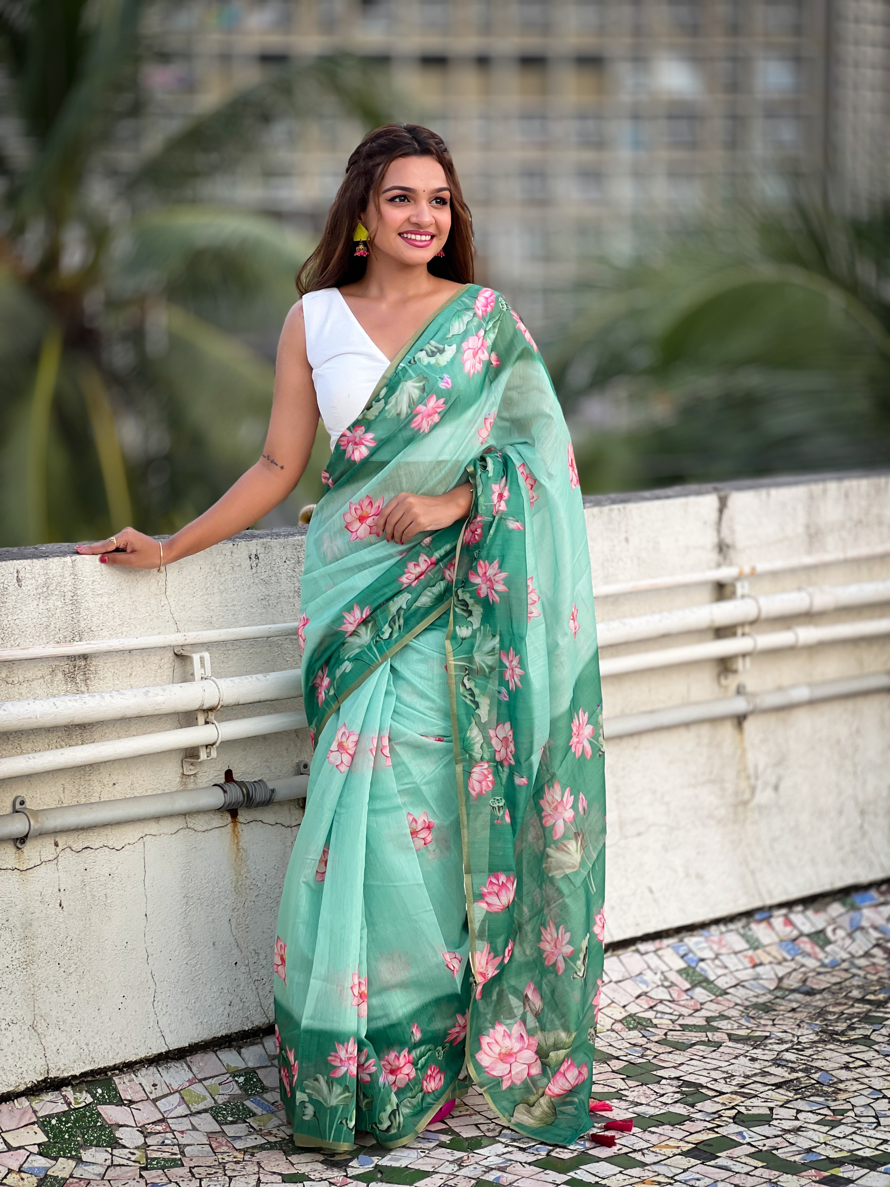 Rama Chanderi Cotton Pichwai Printed Saree with Zari Woven Border