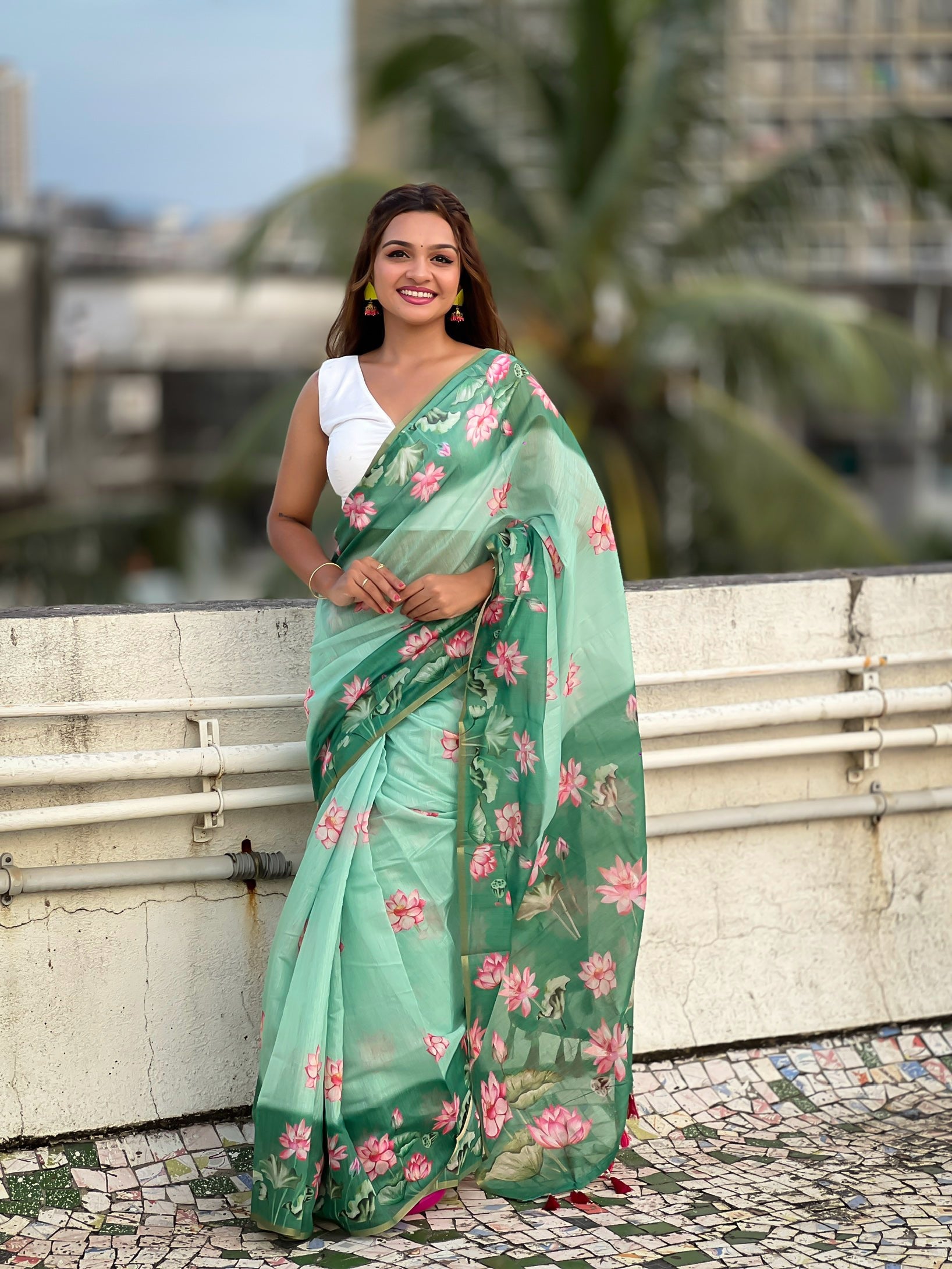 Rama Chanderi Cotton Pichwai Printed Saree with Zari Woven Border