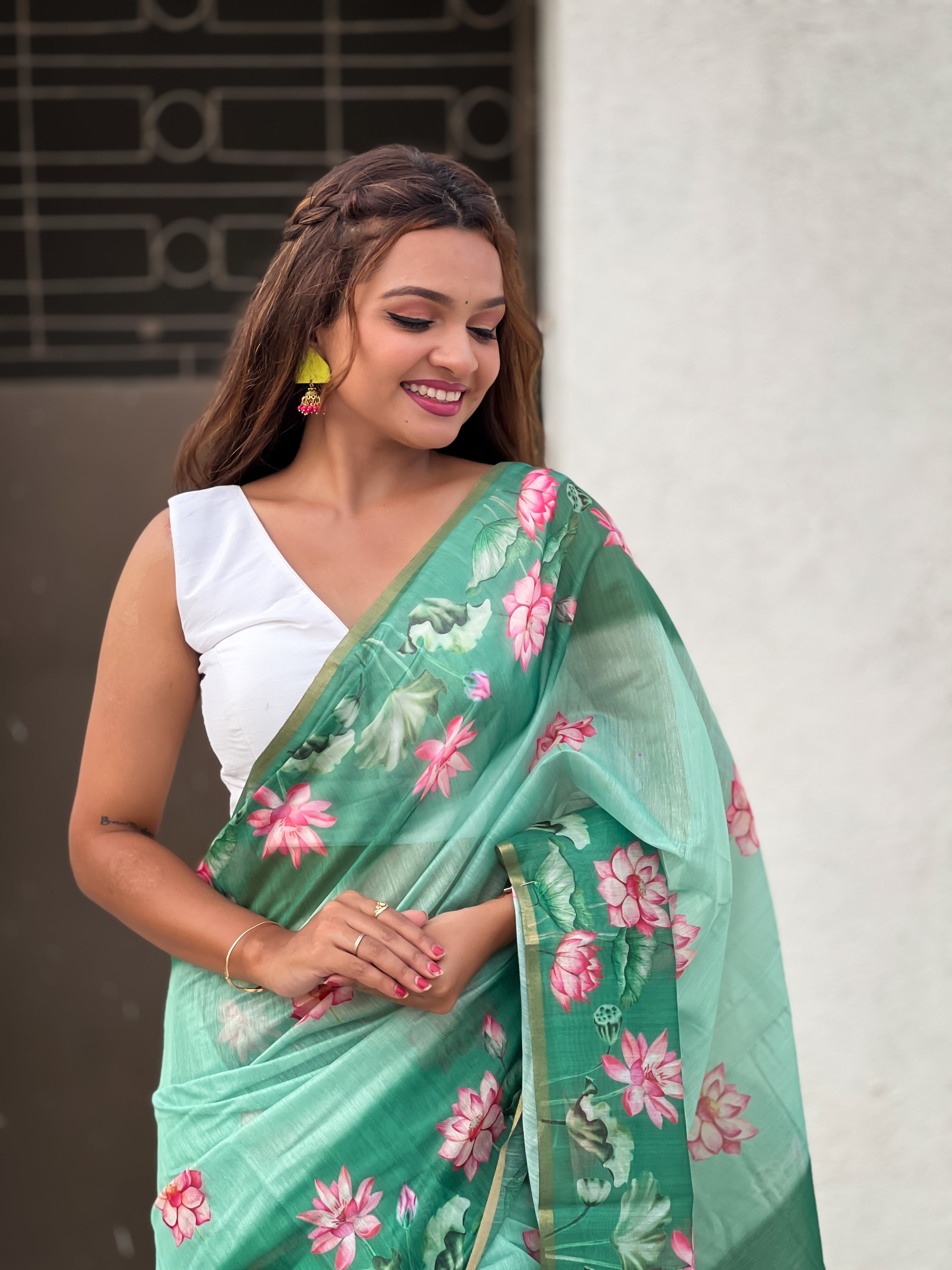 Rama Chanderi Cotton Pichwai Printed Saree with Zari Woven Border