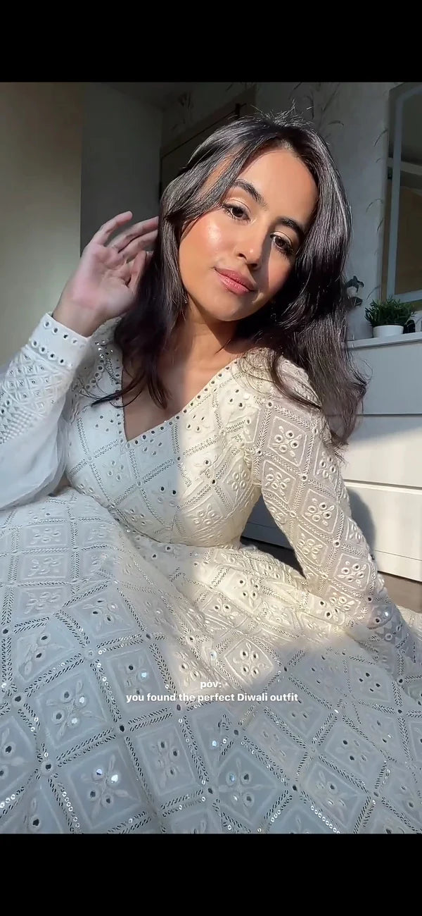 White Color Designer Partywear Lucknavi Embroidery Anarkali Suit Set