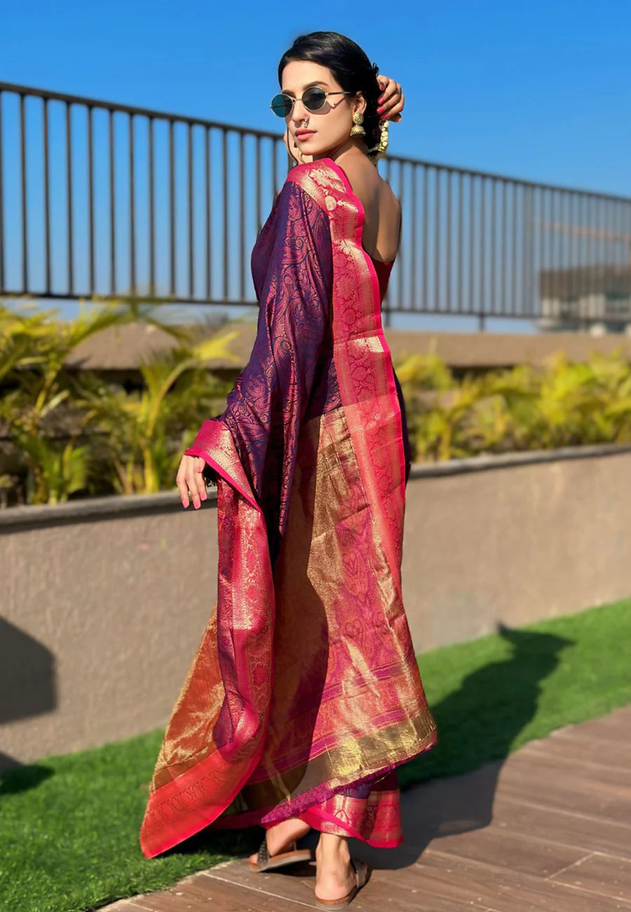 Navy Blue Soft Kashmiri Silk Zari Woven Contrast Saree