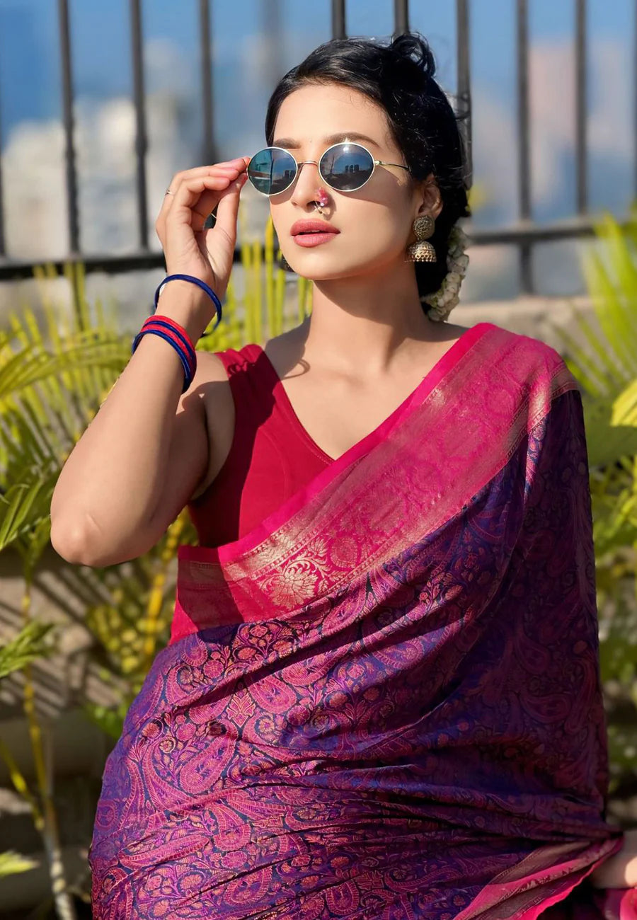 Navy Blue Soft Kashmiri Silk Zari Woven Contrast Saree