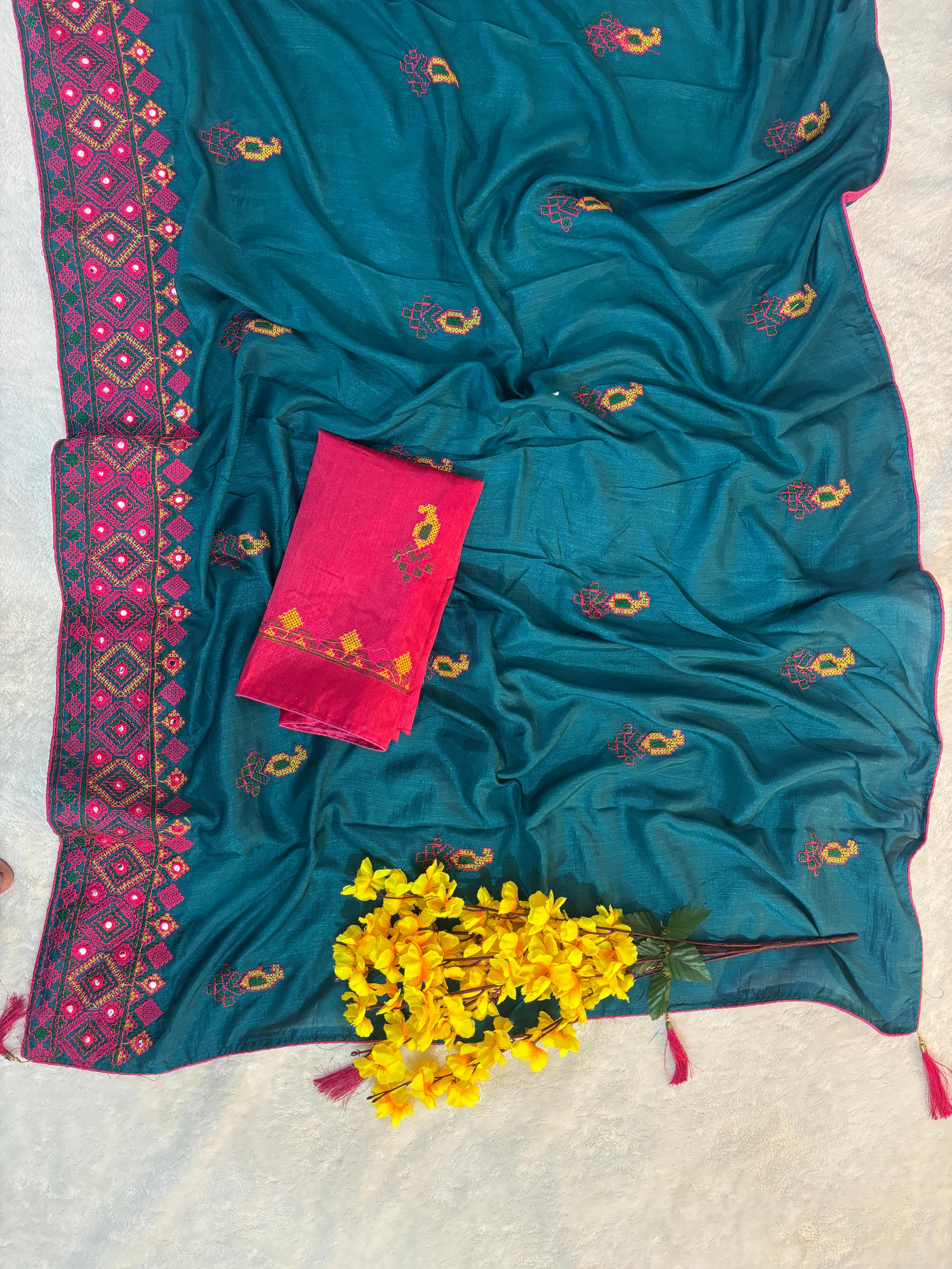 New Designer Gamthi Work Silk Embroidery Heavy Look Saree