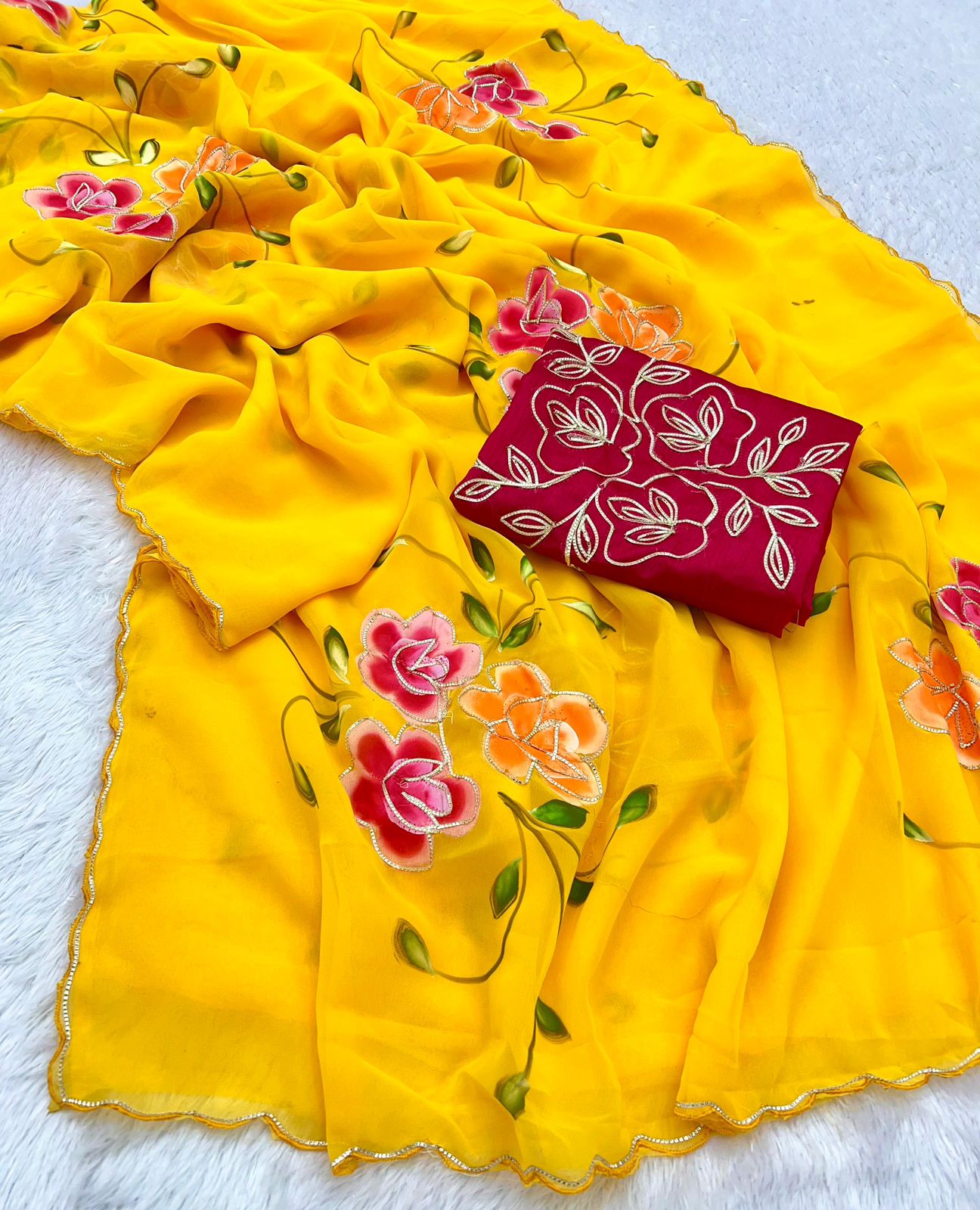 New Partywear Soft Georgette Fabric With Beautiful Floral Brush Print And Ribbon Work In Body And Cutwork Border With Contrast Art Silk Blouse