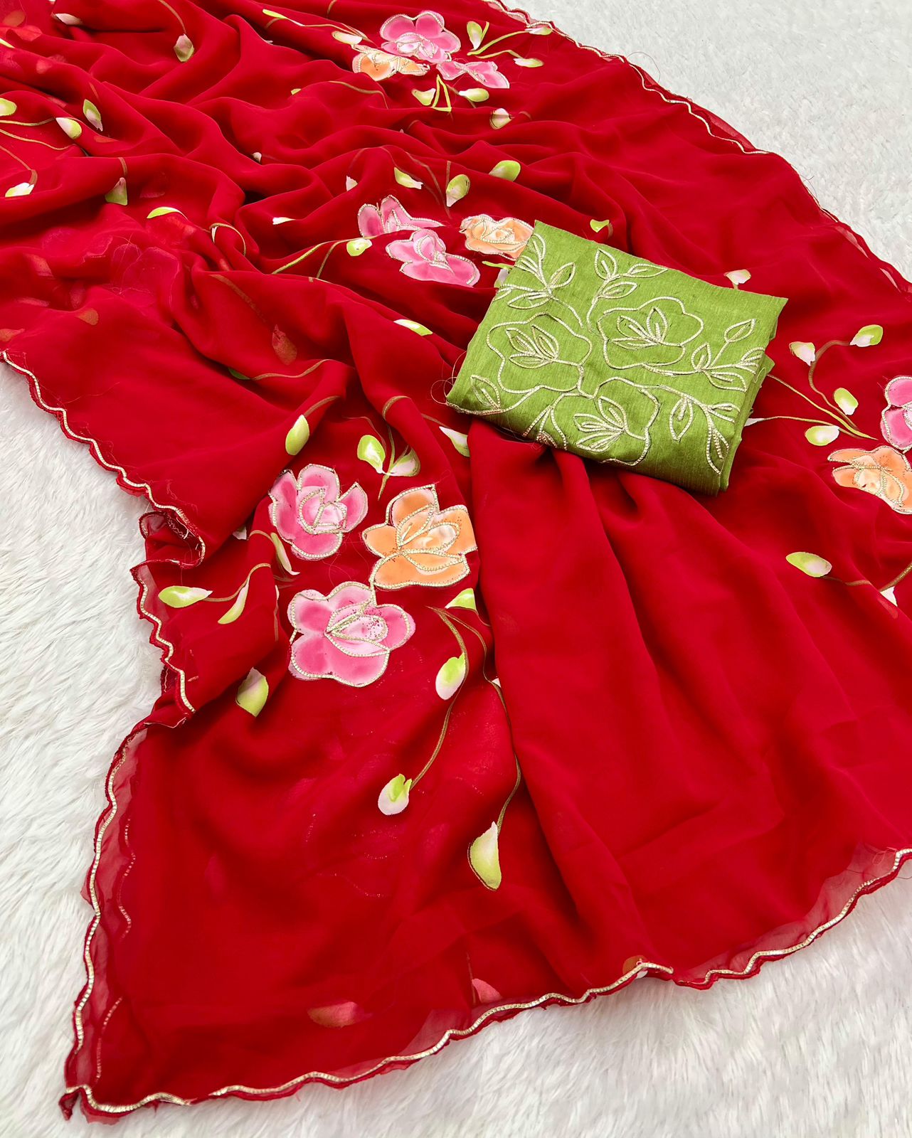 New Partywear Soft Georgette Fabric With Beautiful Floral Brush Print And Ribbon Work In Body And Cutwork Border With Contrast Art Silk Blouse