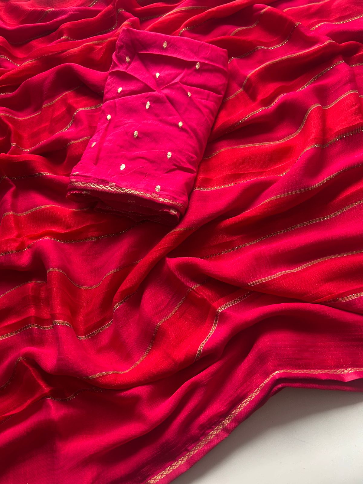 New Partywear Red Fancy Chiffon Georgette Saree with multi tone stipes allover stone drop work lines Blouse as shown