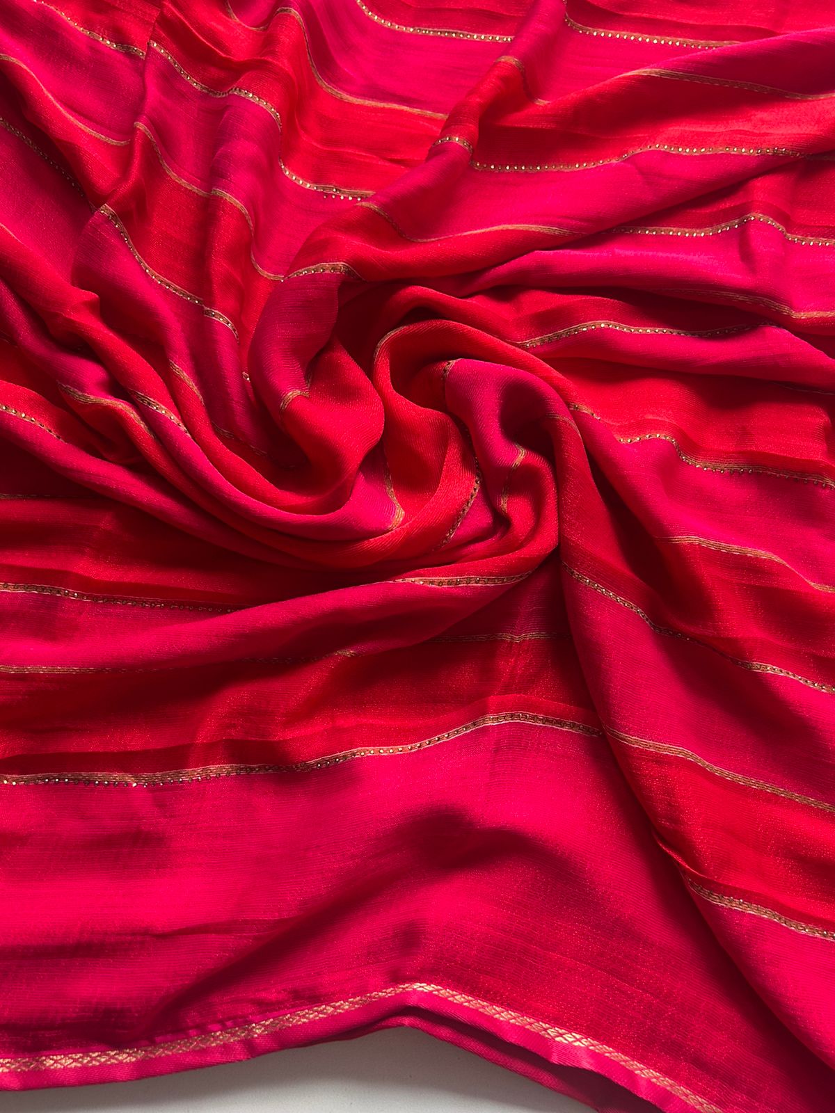 New Partywear Red Fancy Chiffon Georgette Saree with multi tone stipes allover stone drop work lines Blouse as shown