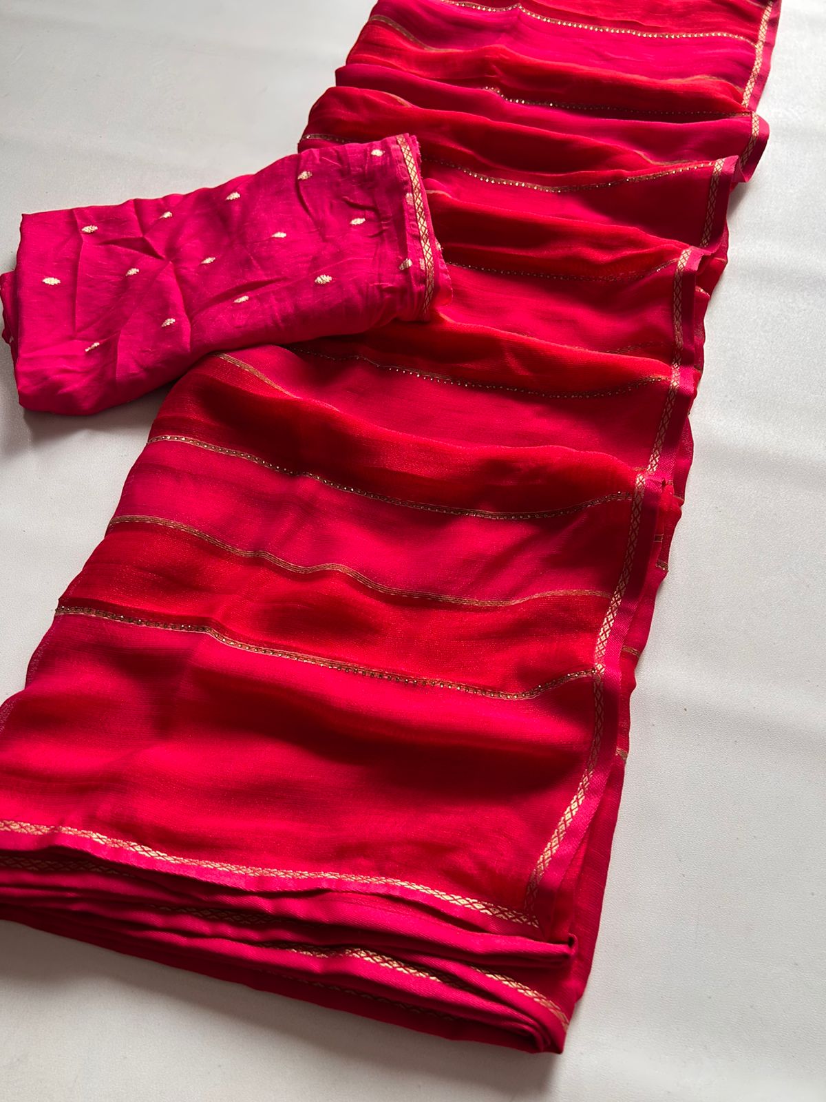 New Partywear Red Fancy Chiffon Georgette Saree with multi tone stipes allover stone drop work lines Blouse as shown