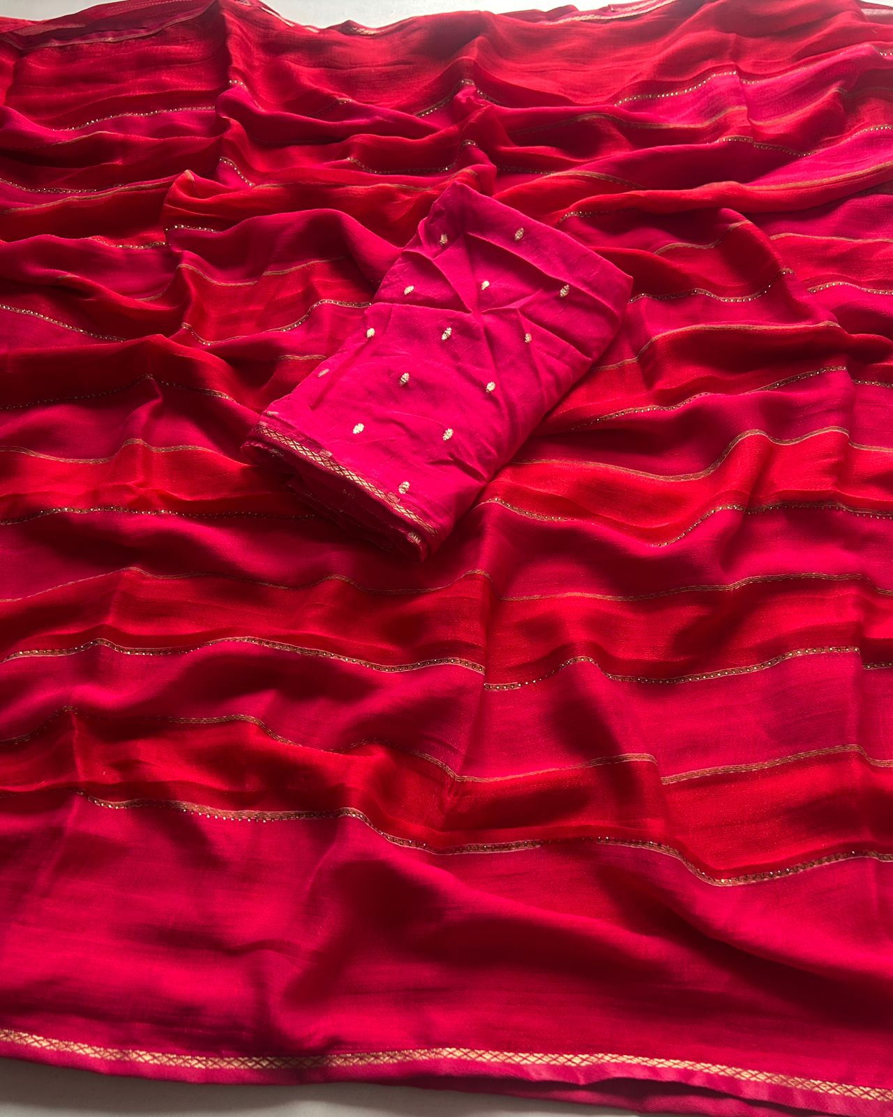 New Partywear Red Fancy Chiffon Georgette Saree with multi tone stipes allover stone drop work lines Blouse as shown