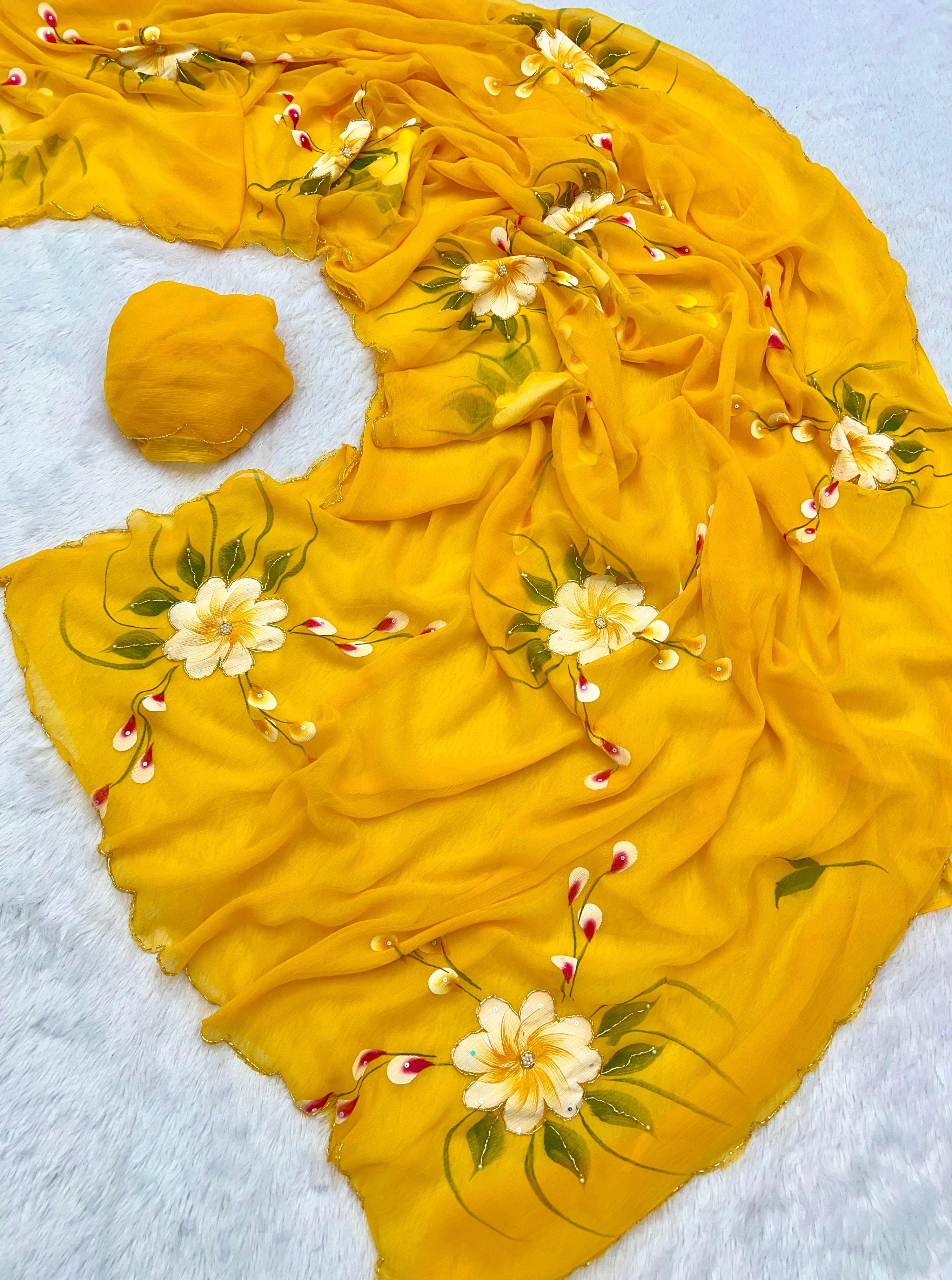 New Partywear Yellow Color Pure Chiffon Handwork with Handbrush Floral & Cutwork Detailing Saree