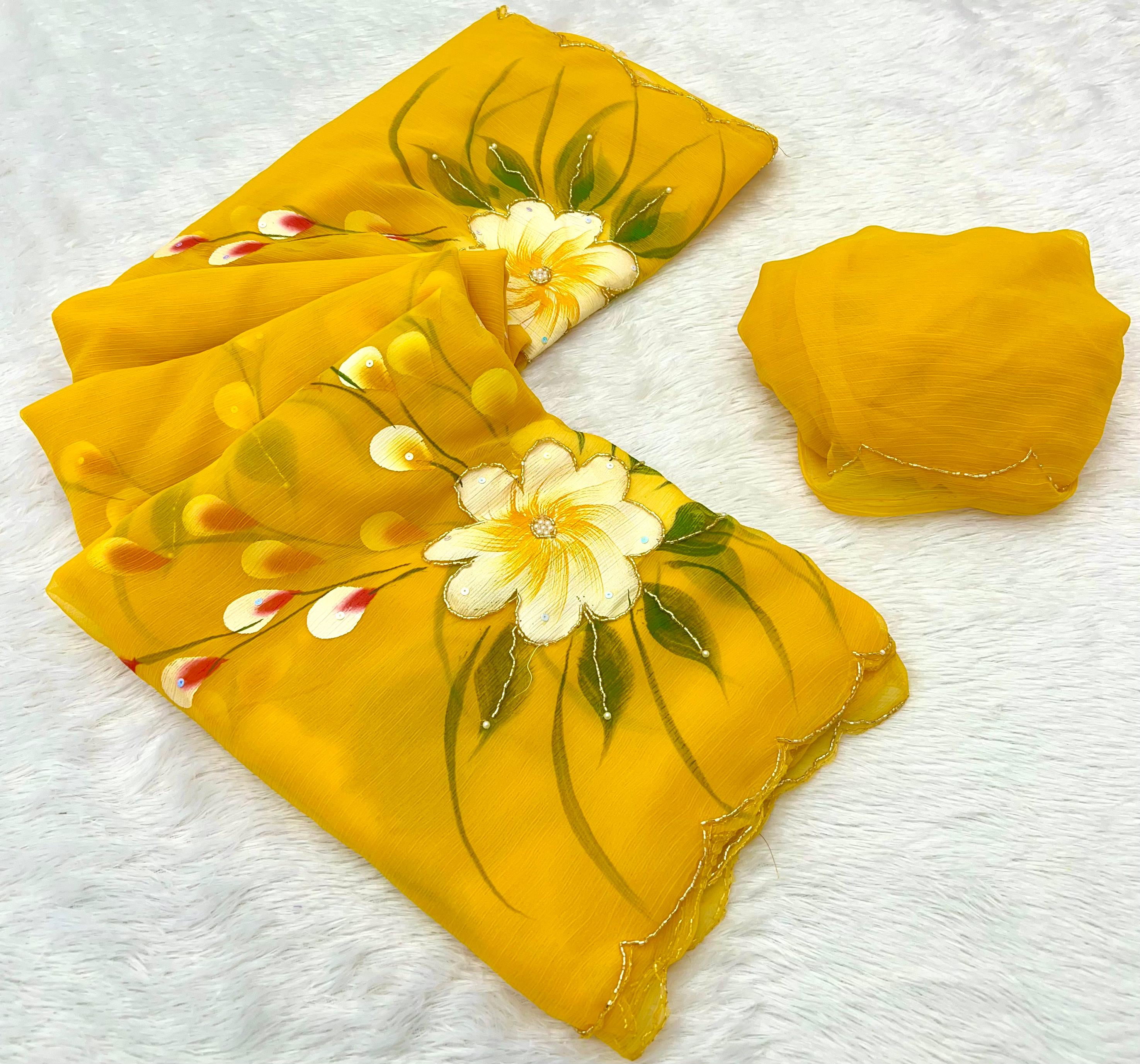 New Partywear Yellow Color Pure Chiffon Handwork with Handbrush Floral & Cutwork Detailing Saree