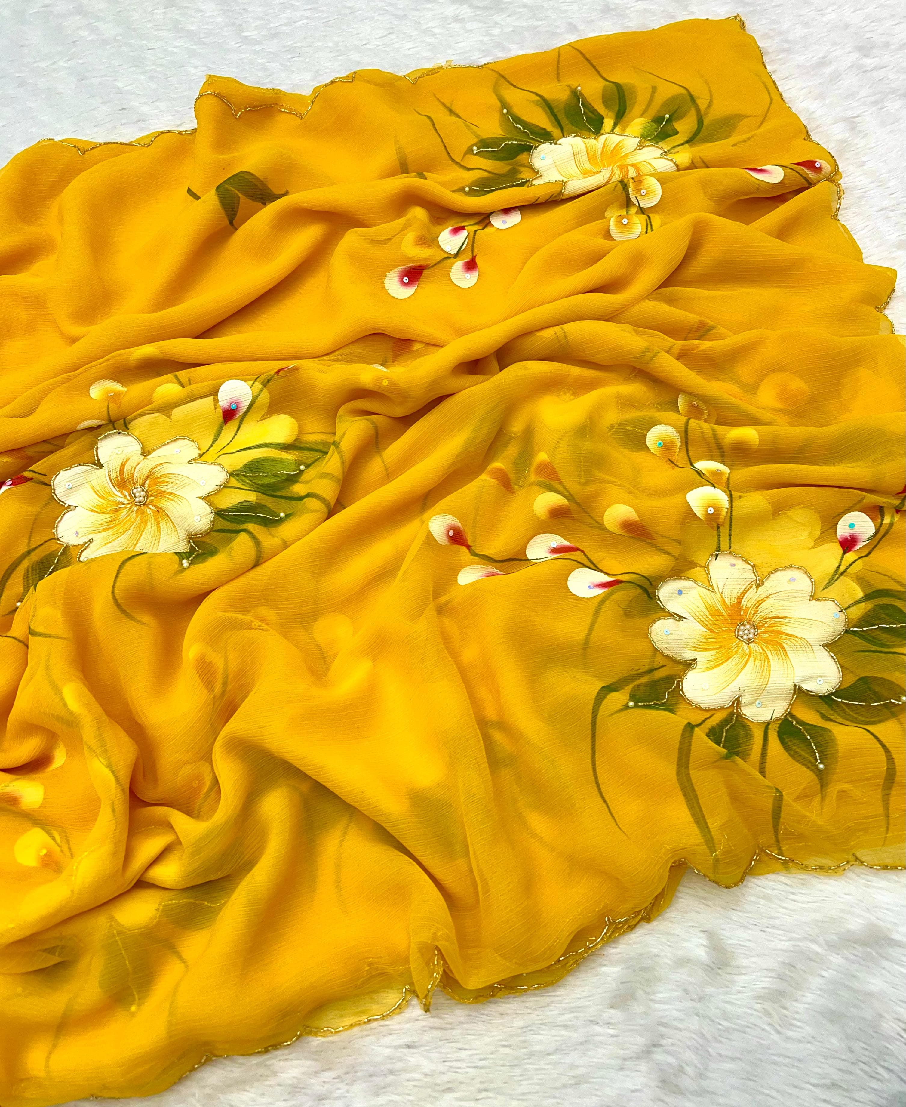 New Partywear Yellow Color Pure Chiffon Handwork with Handbrush Floral & Cutwork Detailing Saree
