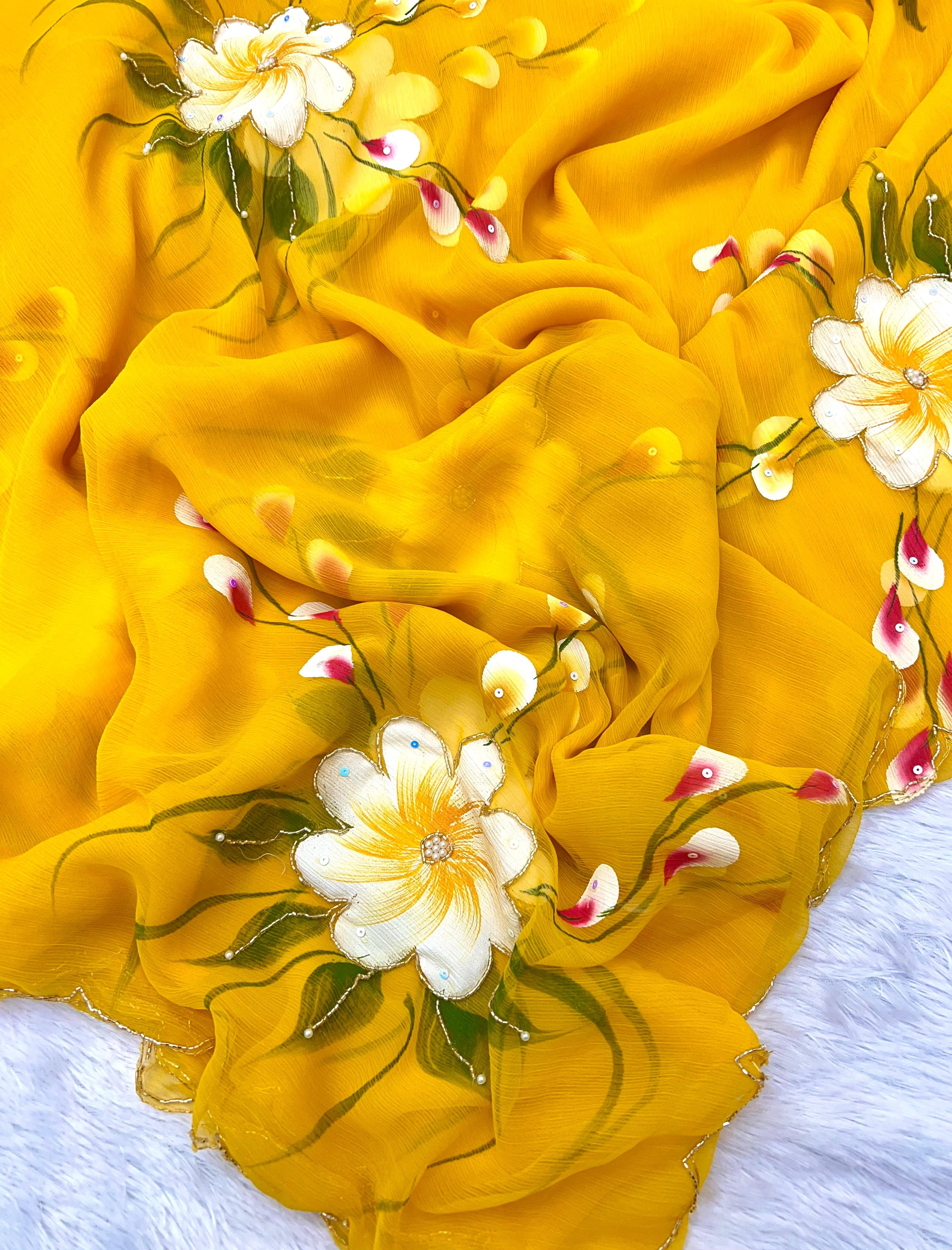 New Partywear Yellow Color Pure Chiffon Handwork with Handbrush Floral & Cutwork Detailing Saree