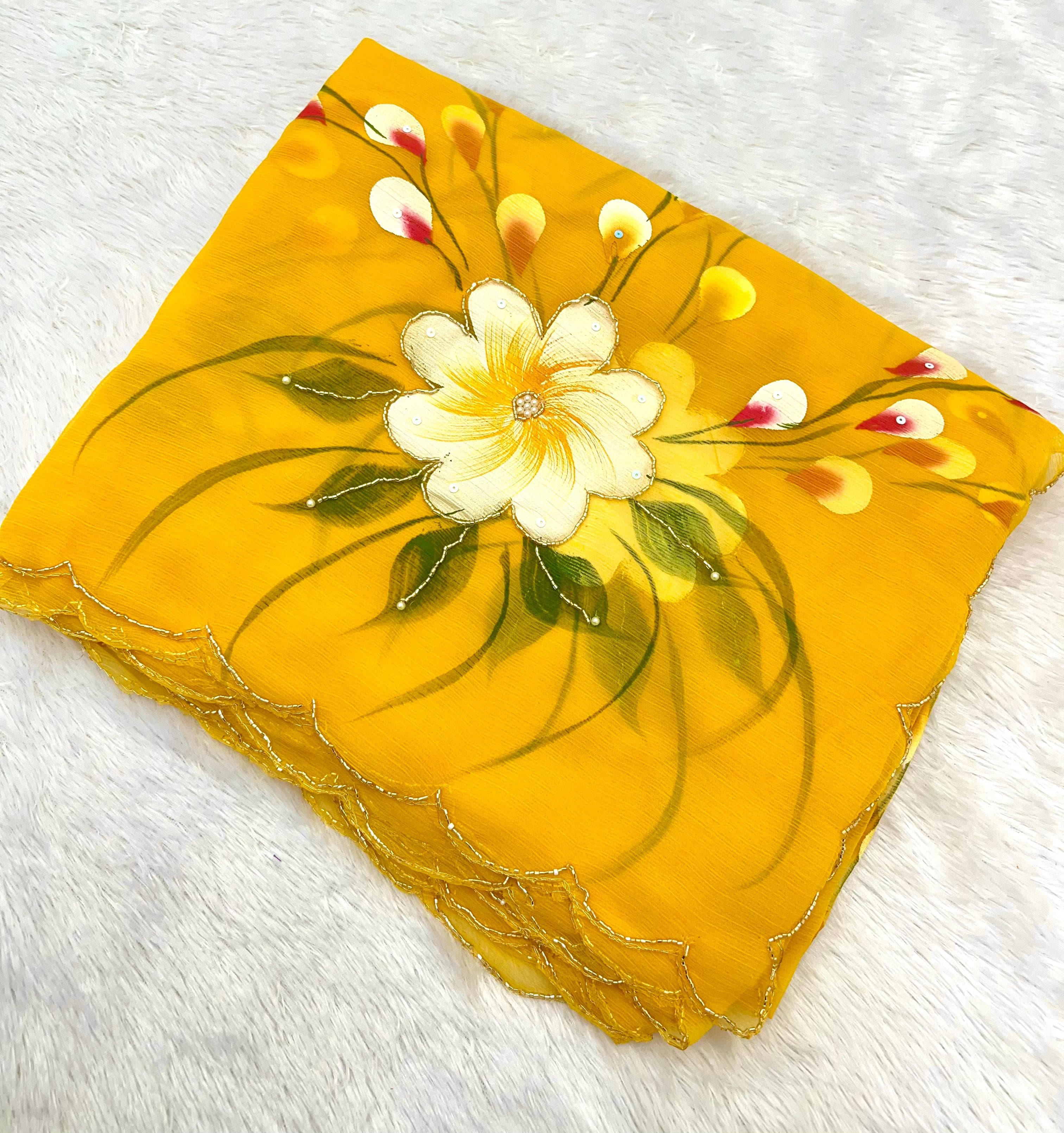New Partywear Yellow Color Pure Chiffon Handwork with Handbrush Floral & Cutwork Detailing Saree