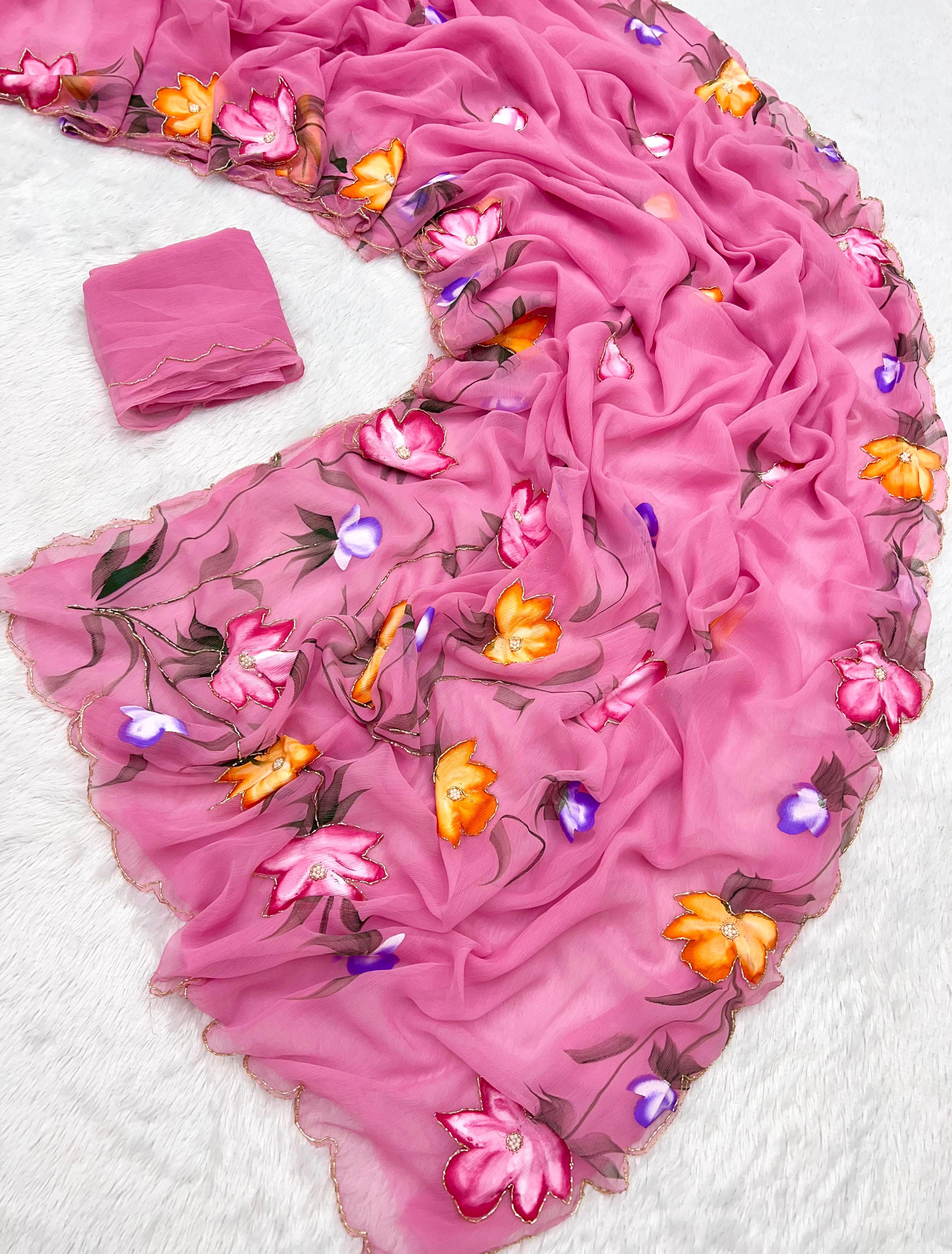 New Function Wear Pure Chiffon Handwork with Handbrush Floral & Cutwork Design Saree With Blouse