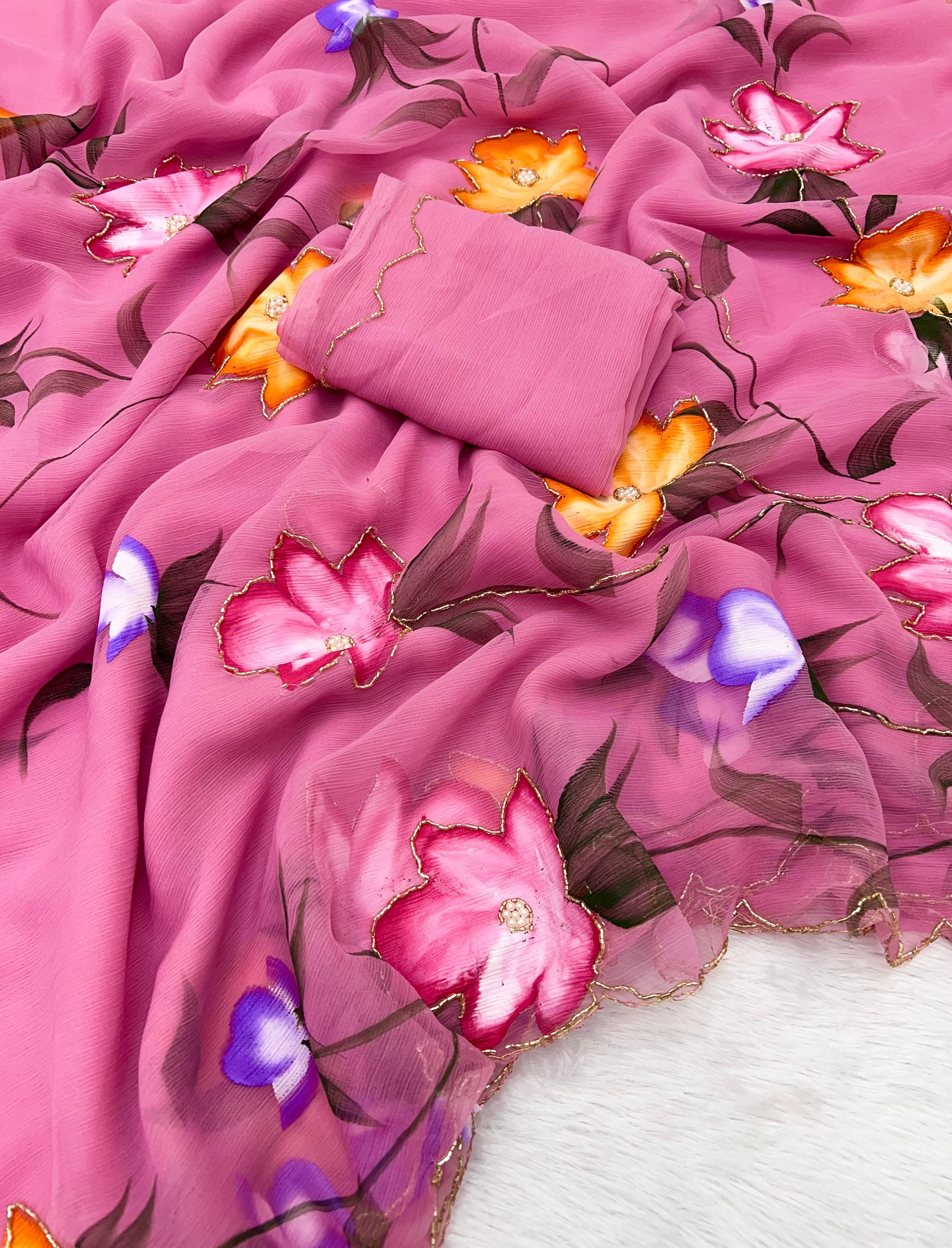 New Function Wear Pure Chiffon Handwork with Handbrush Floral & Cutwork Design Saree With Blouse